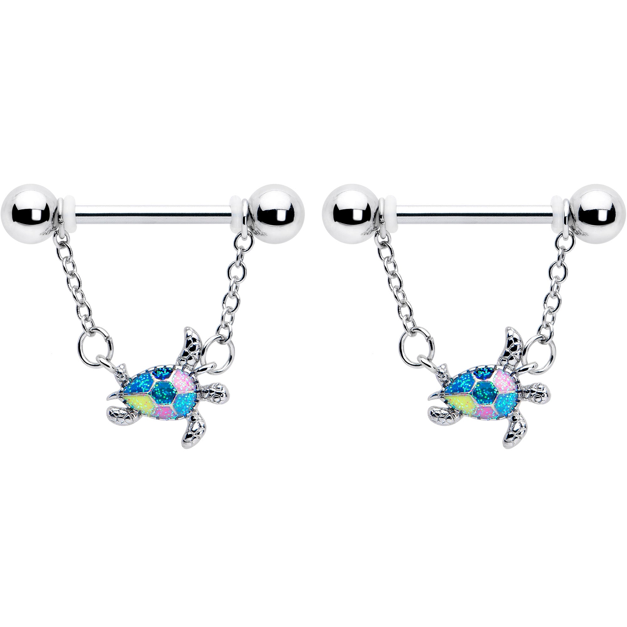 9/16 Inch Glitter Turtle Chain Dangle Nipple Rings