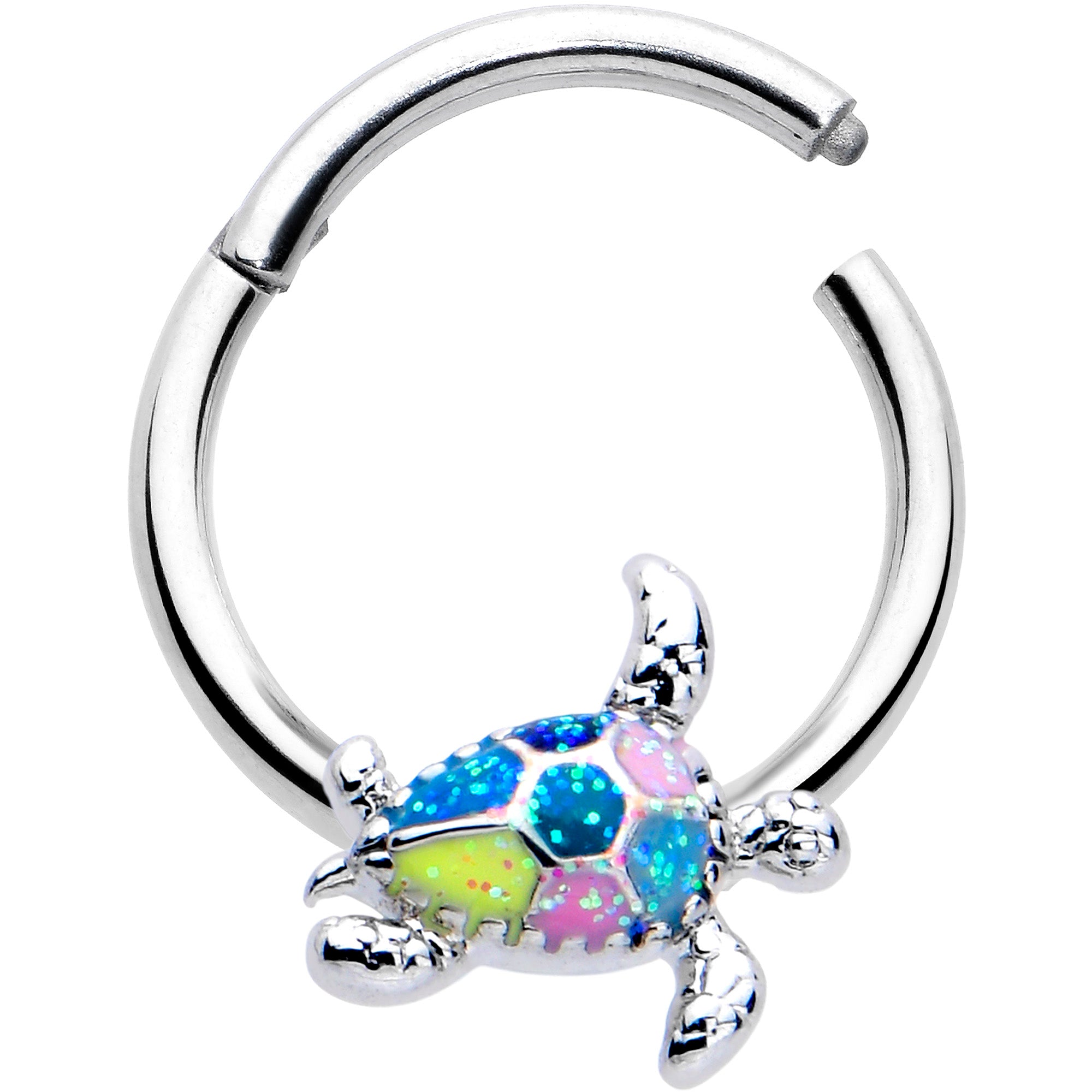 Colorful 3/8 inch hinged segment ring with glitter turtle design