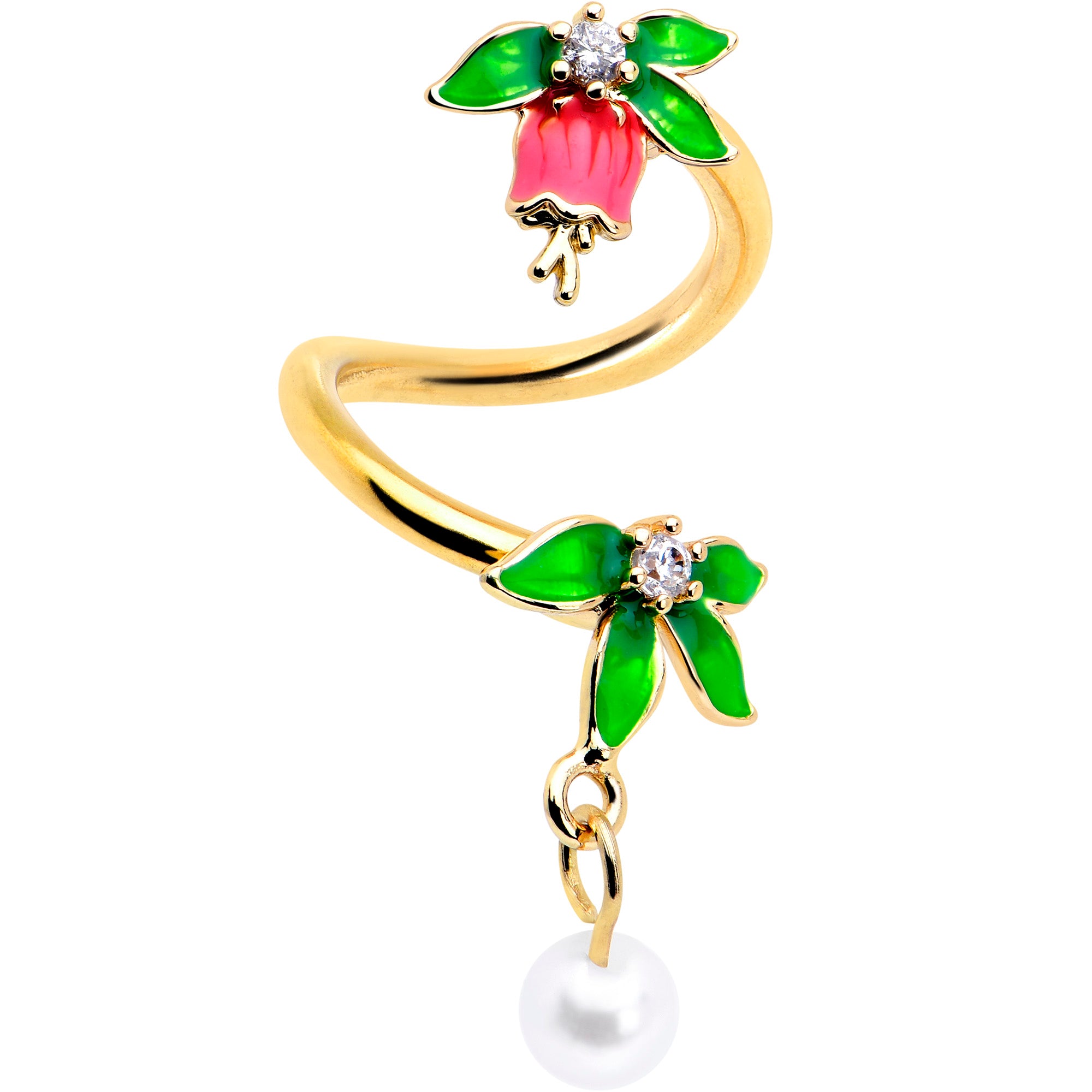 Clear CZ Gem Belly Ring with Gold Tone Bell Flower Design