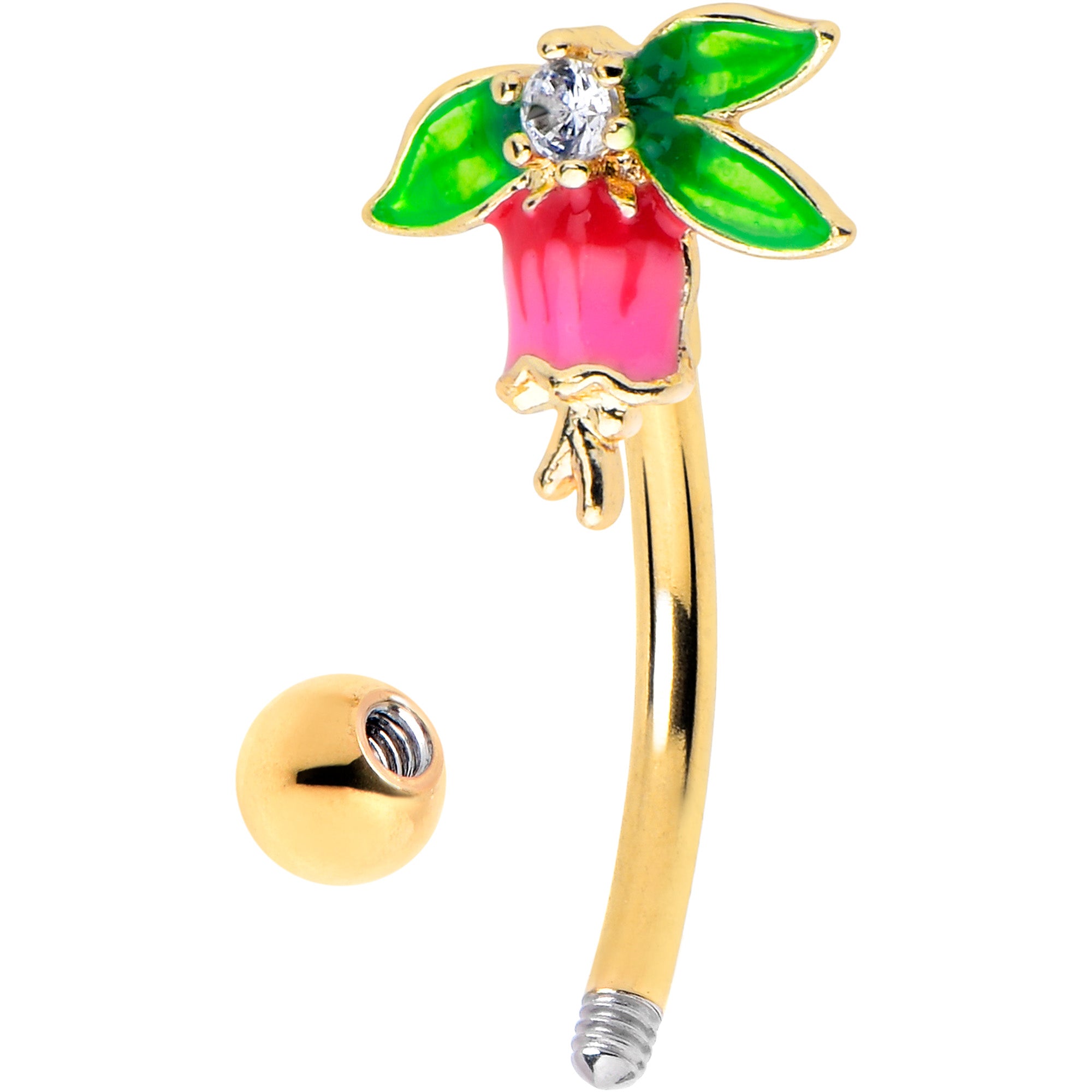 Gold Tone Eyebrow Ring with Clear CZ Gem and Bell Flower Design