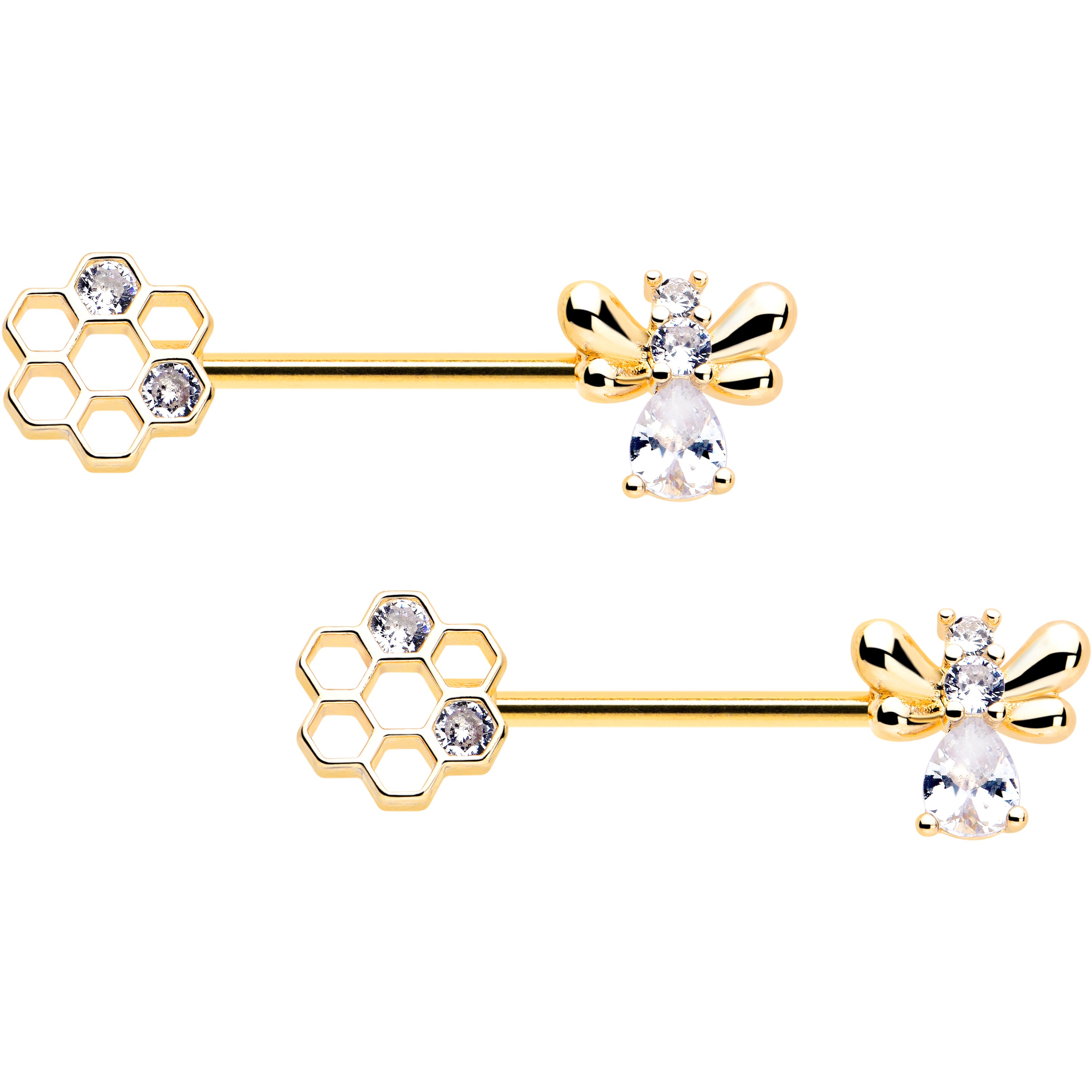 Gold Tone Bee Hive Nipple Rings with Clear CZ Gem