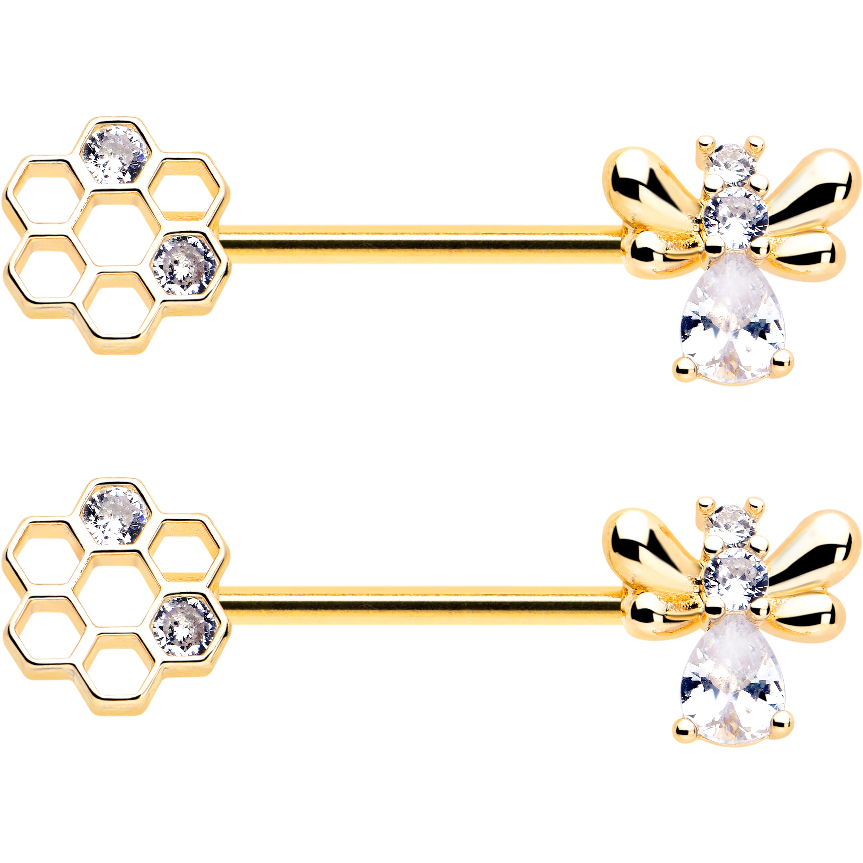 Clear CZ Gem Nipple Rings in Gold Tone Design