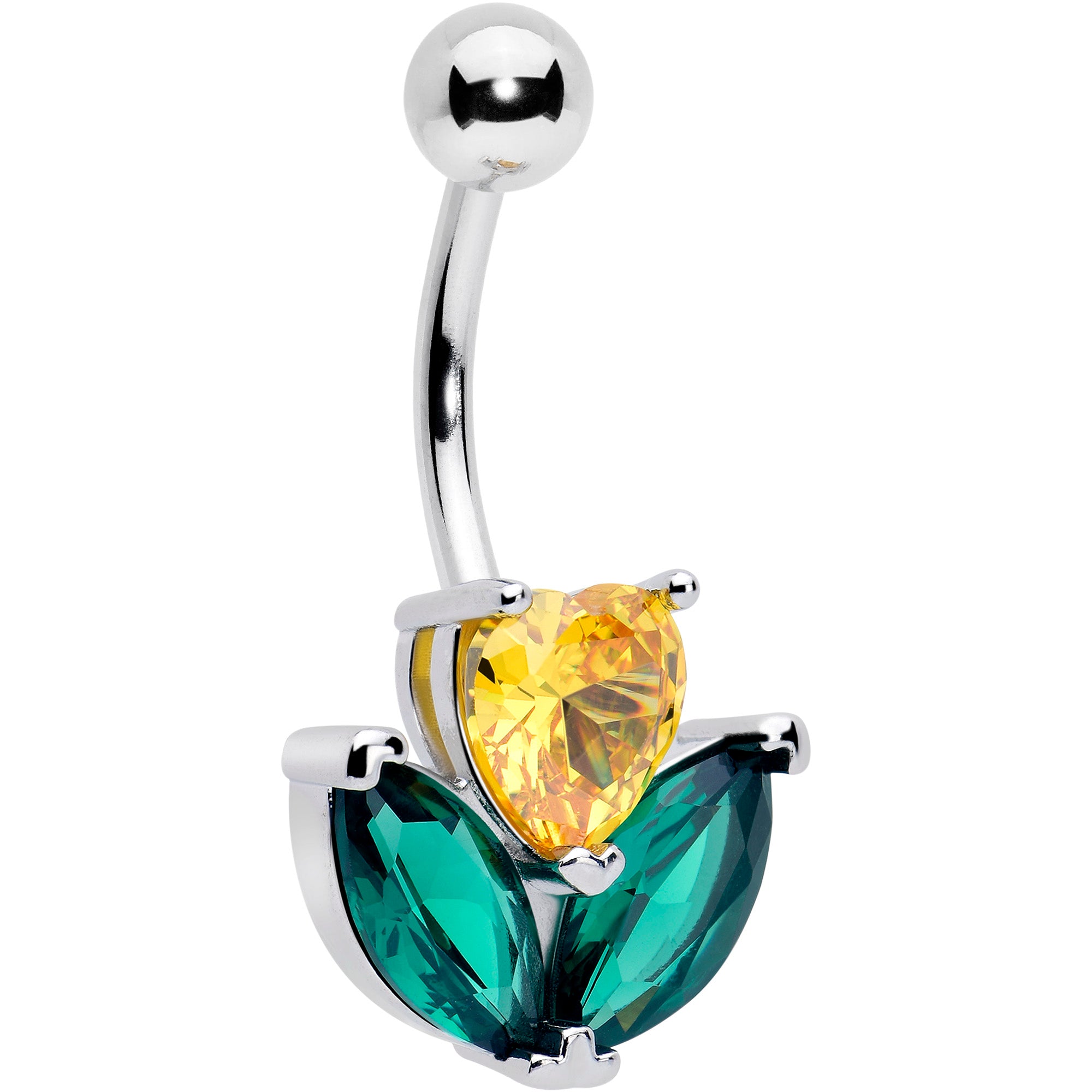 Green and yellow CZ gemstone love flower belly ring