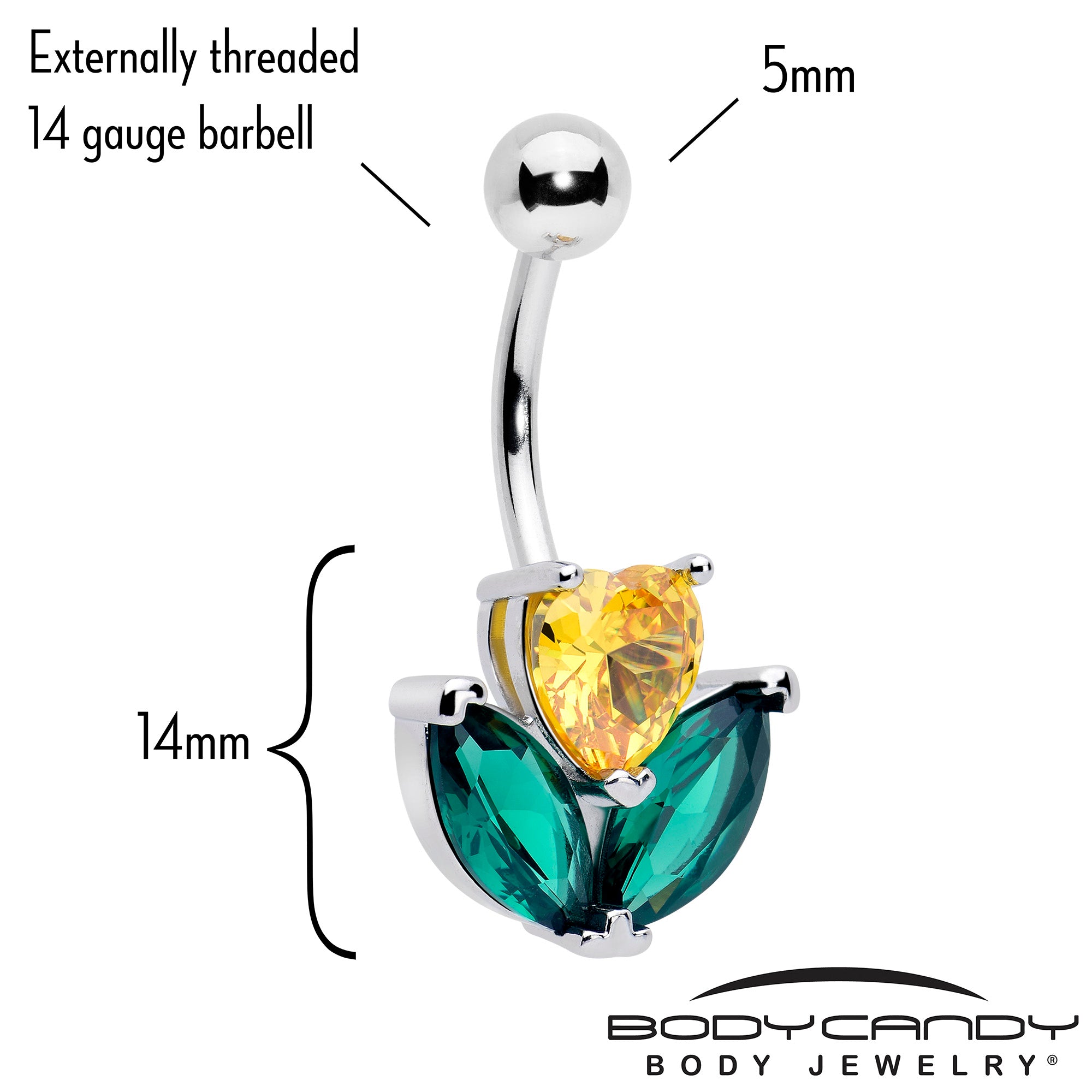 Elegant belly ring featuring green and yellow love flower design