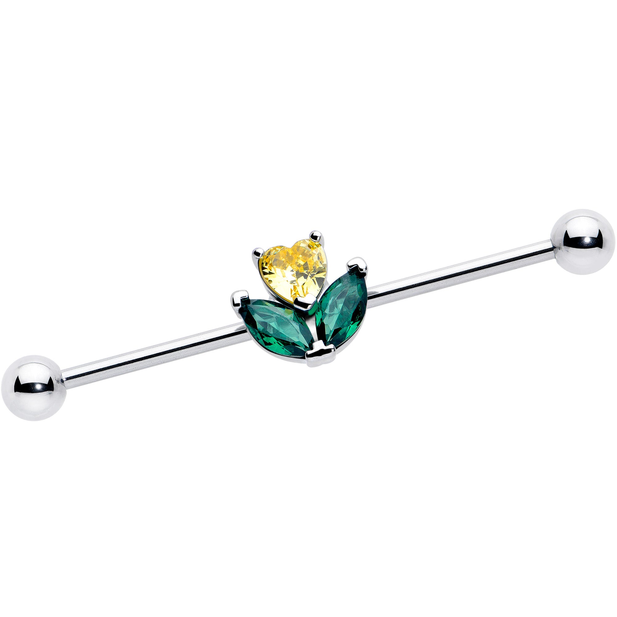 14 gauge industrial barbell with yellow green CZ gem love flower design