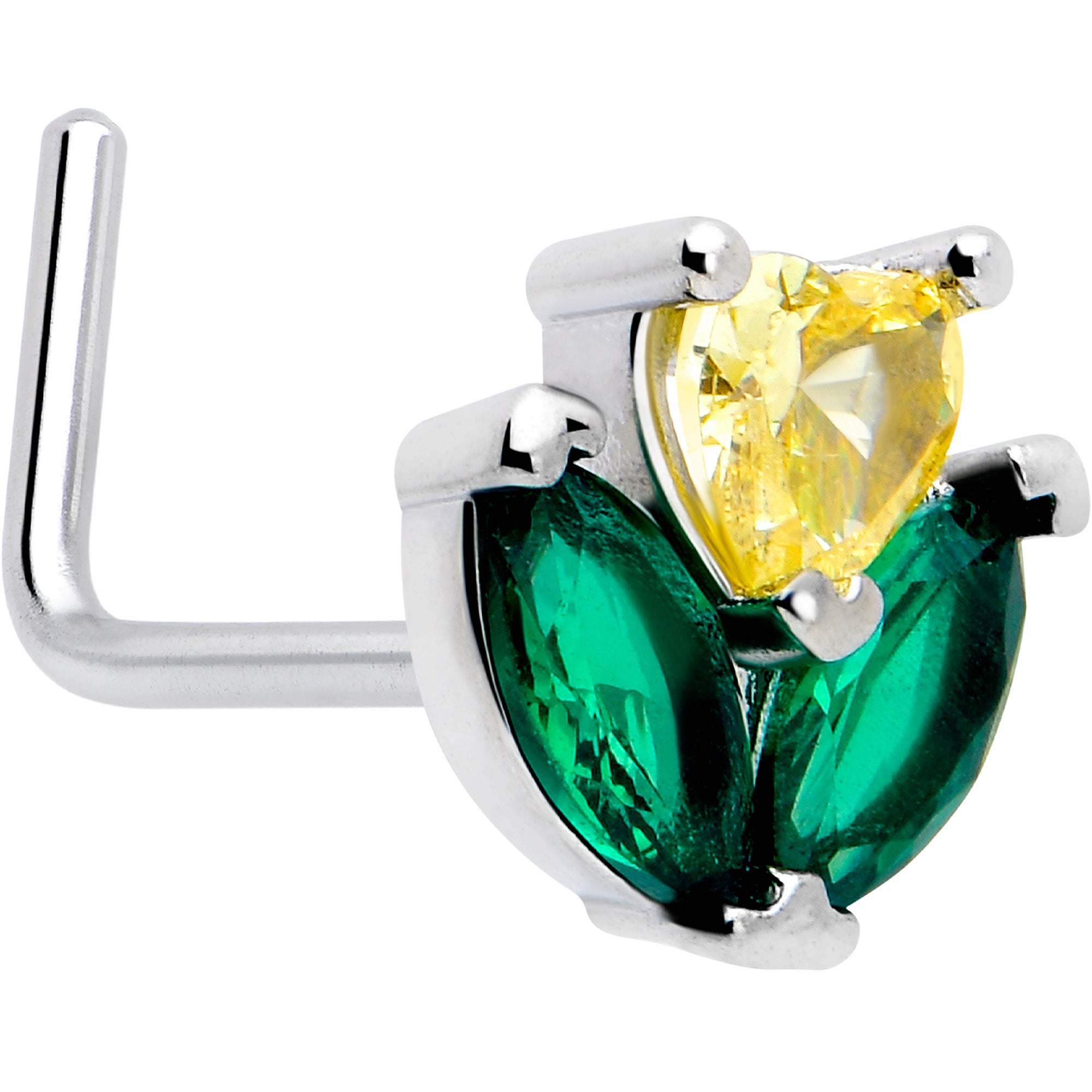 20 Gauge L Shape Nose Ring with Yellow Green CZ Gem Flower Design