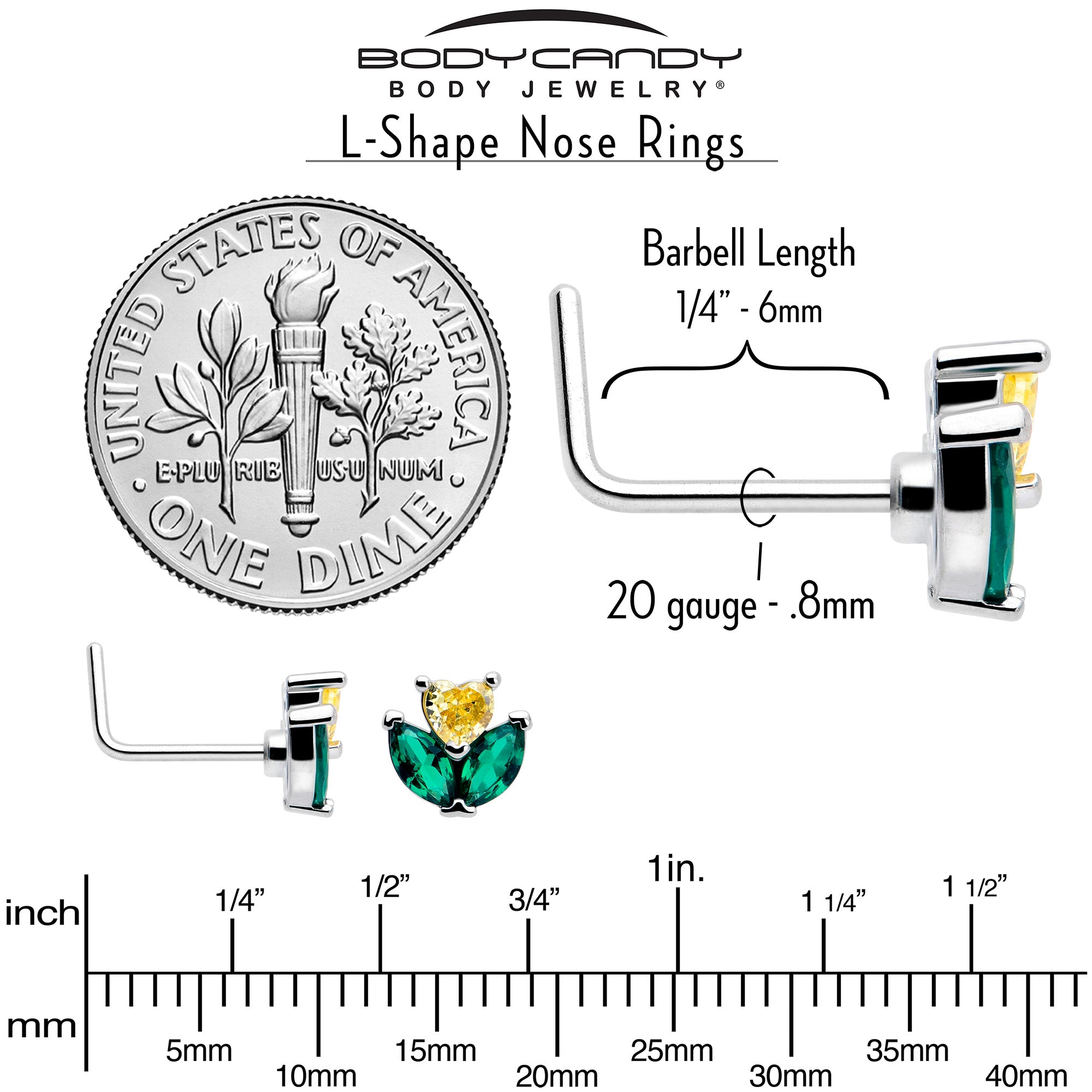 L Shape Nose Ring with 20 Gauge Yellow Green CZ Flower Accent