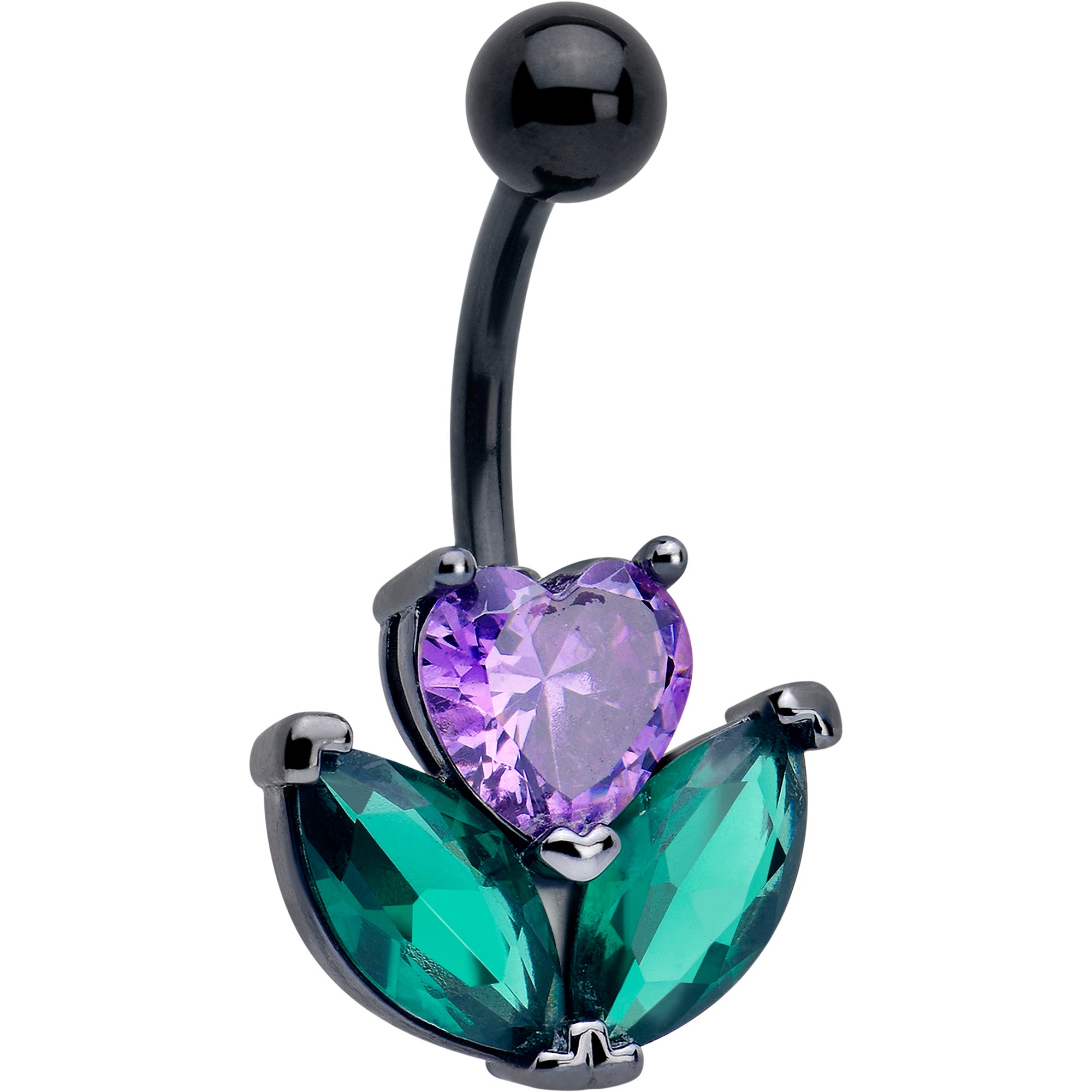 Purple and green cubic zirconia gem black love flower belly ring