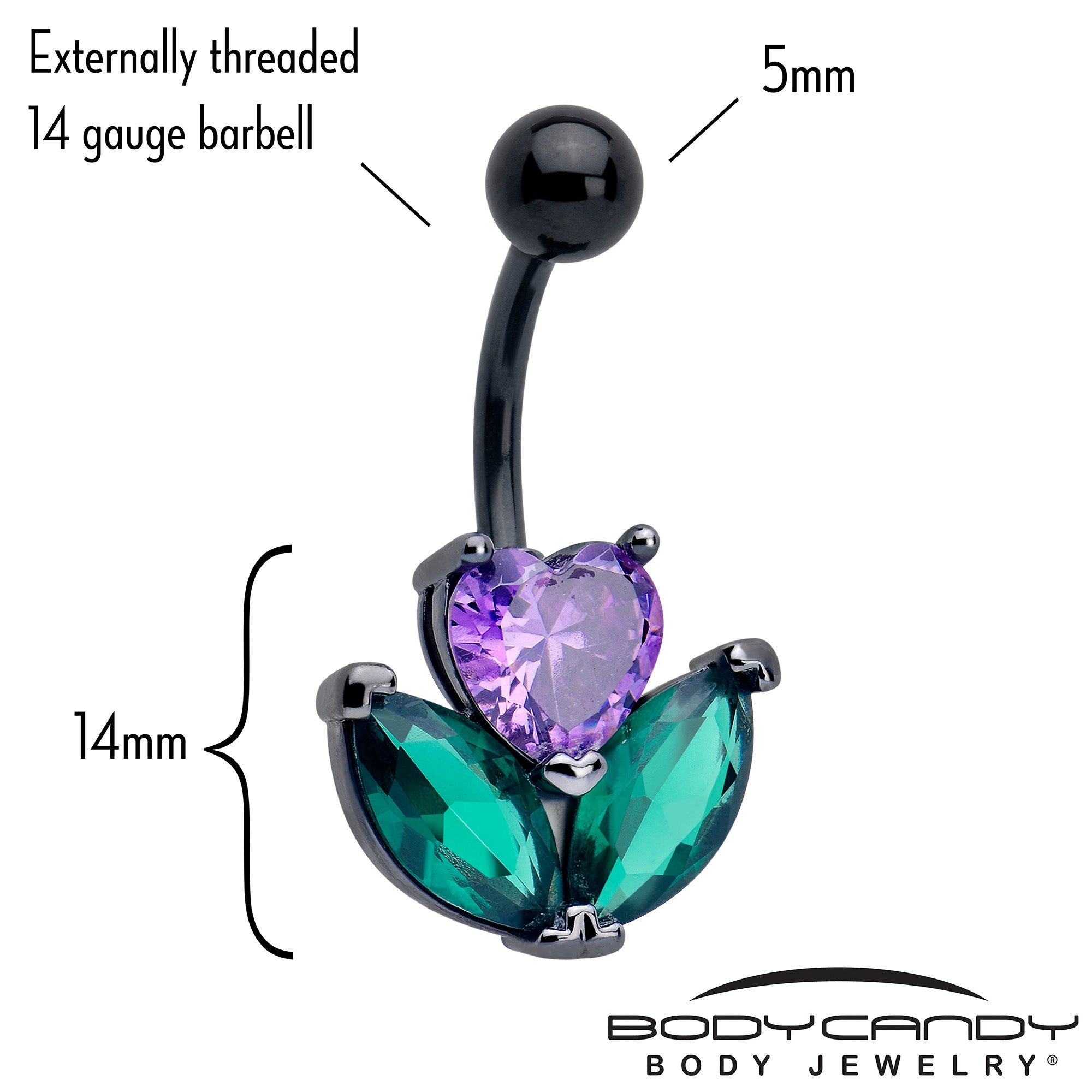 Stylish black belly ring featuring purple green CZ gem and flower design