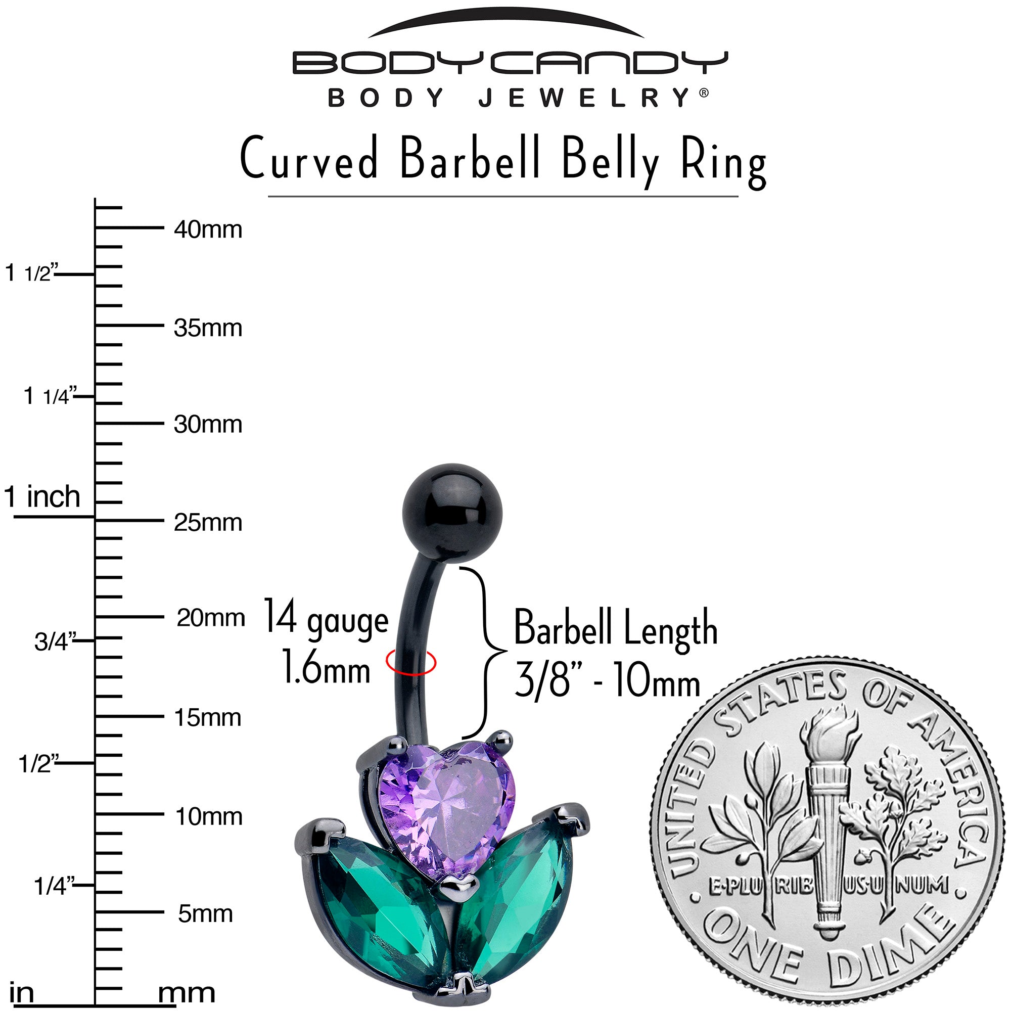 Colorful purple and green CZ gem flower belly button ring