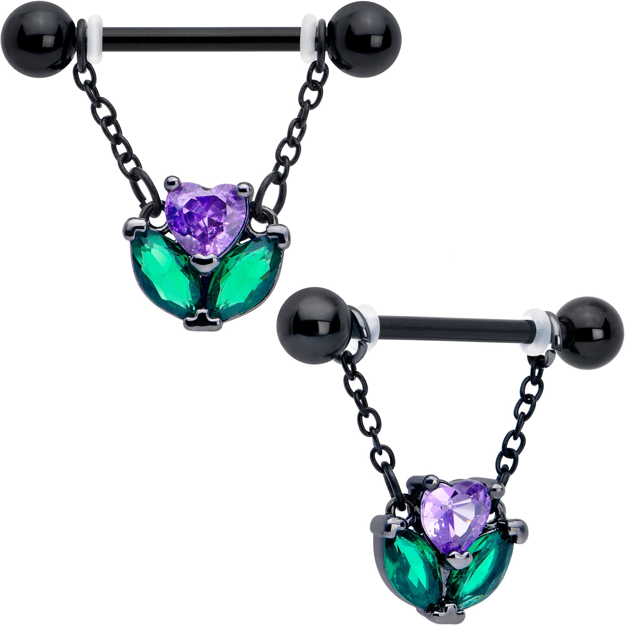 14 gauge purple CZ gem dangle nipple rings