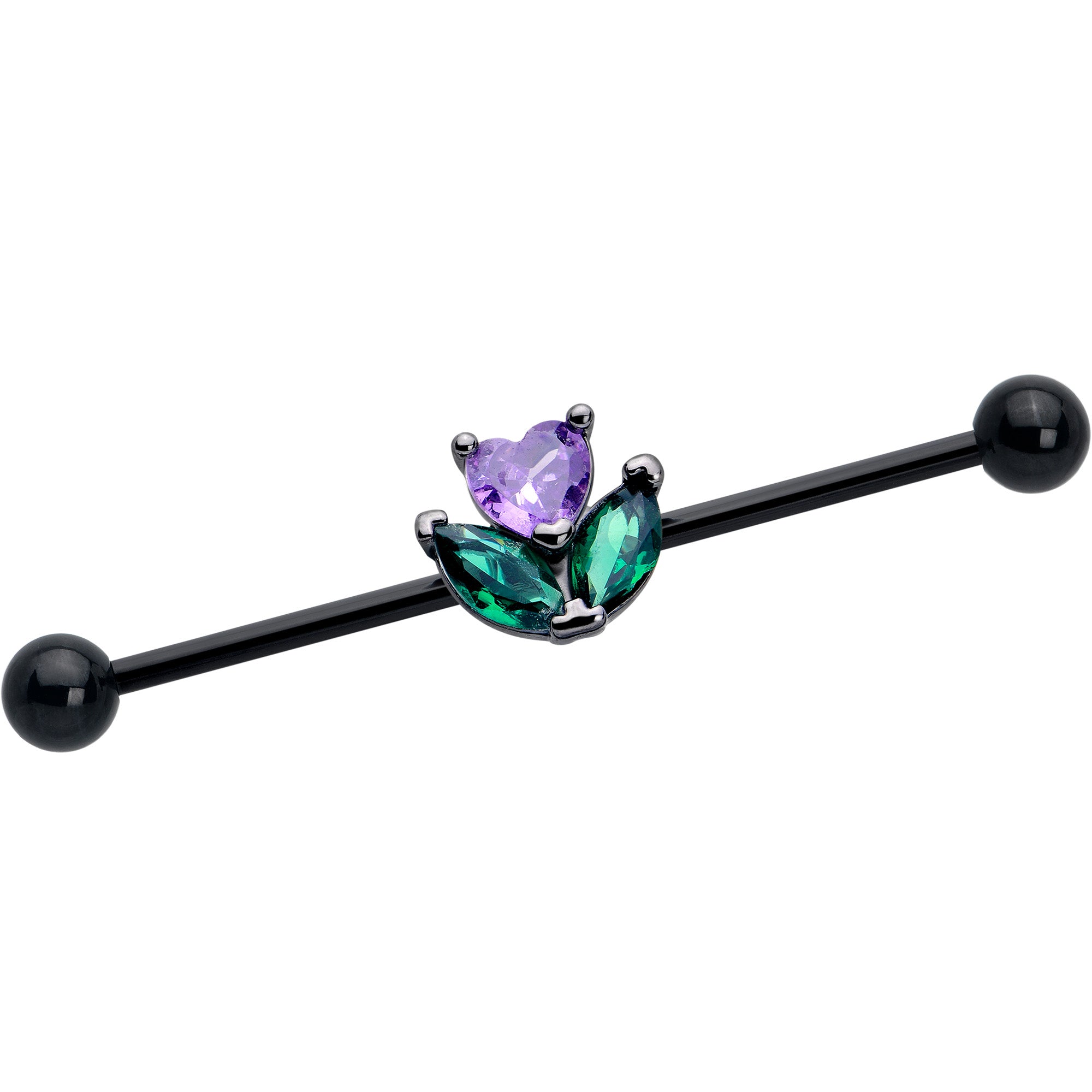 14 gauge industrial barbell with purple and green CZ gem flower design