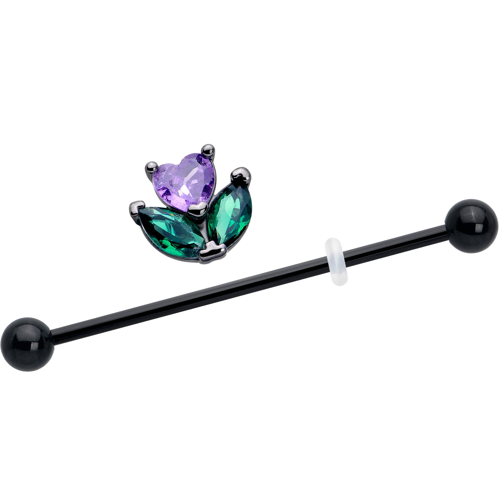 Black love flower industrial barbell, 38mm, with purple and green cubic zirconia