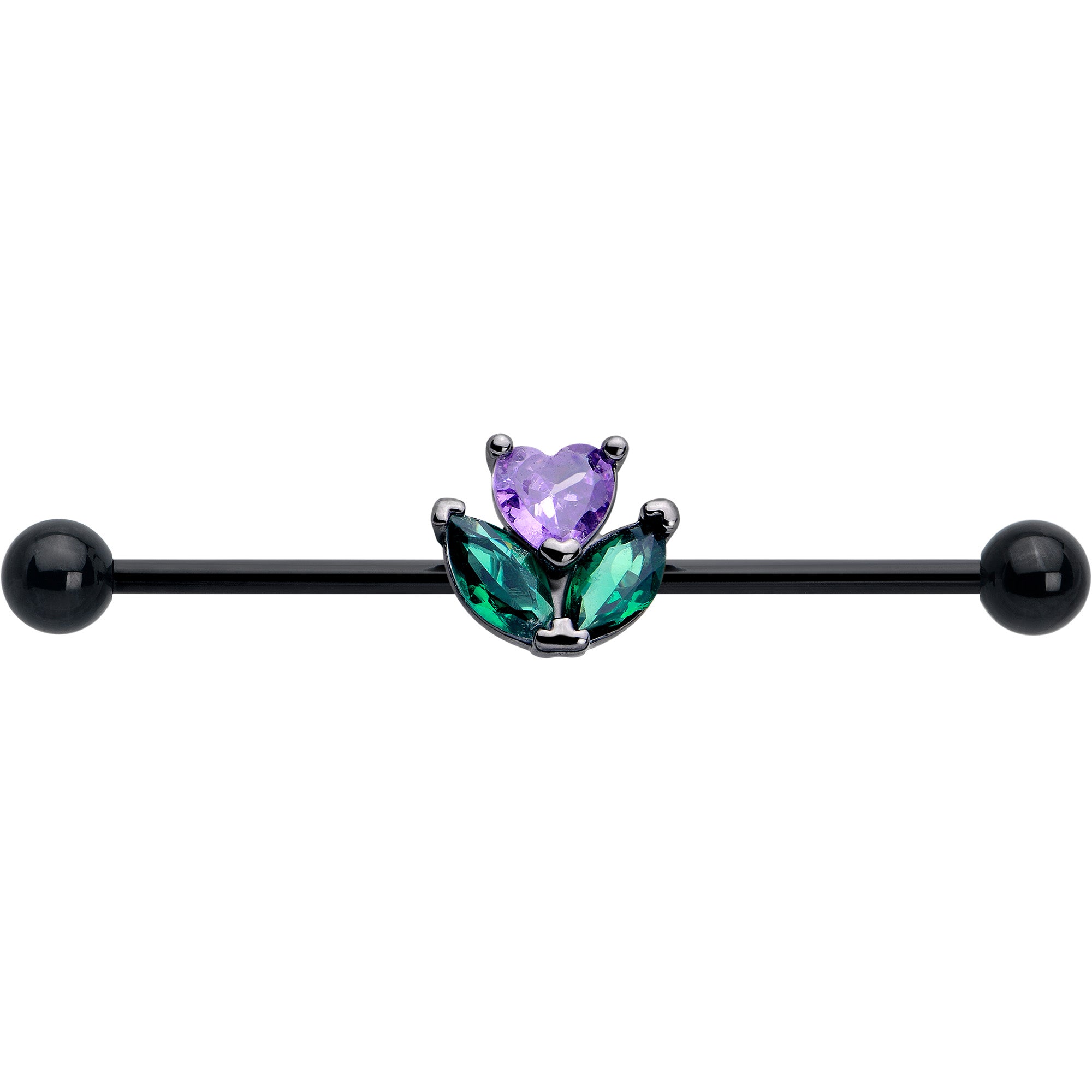 38mm industrial piercing barbell featuring purple and green gems