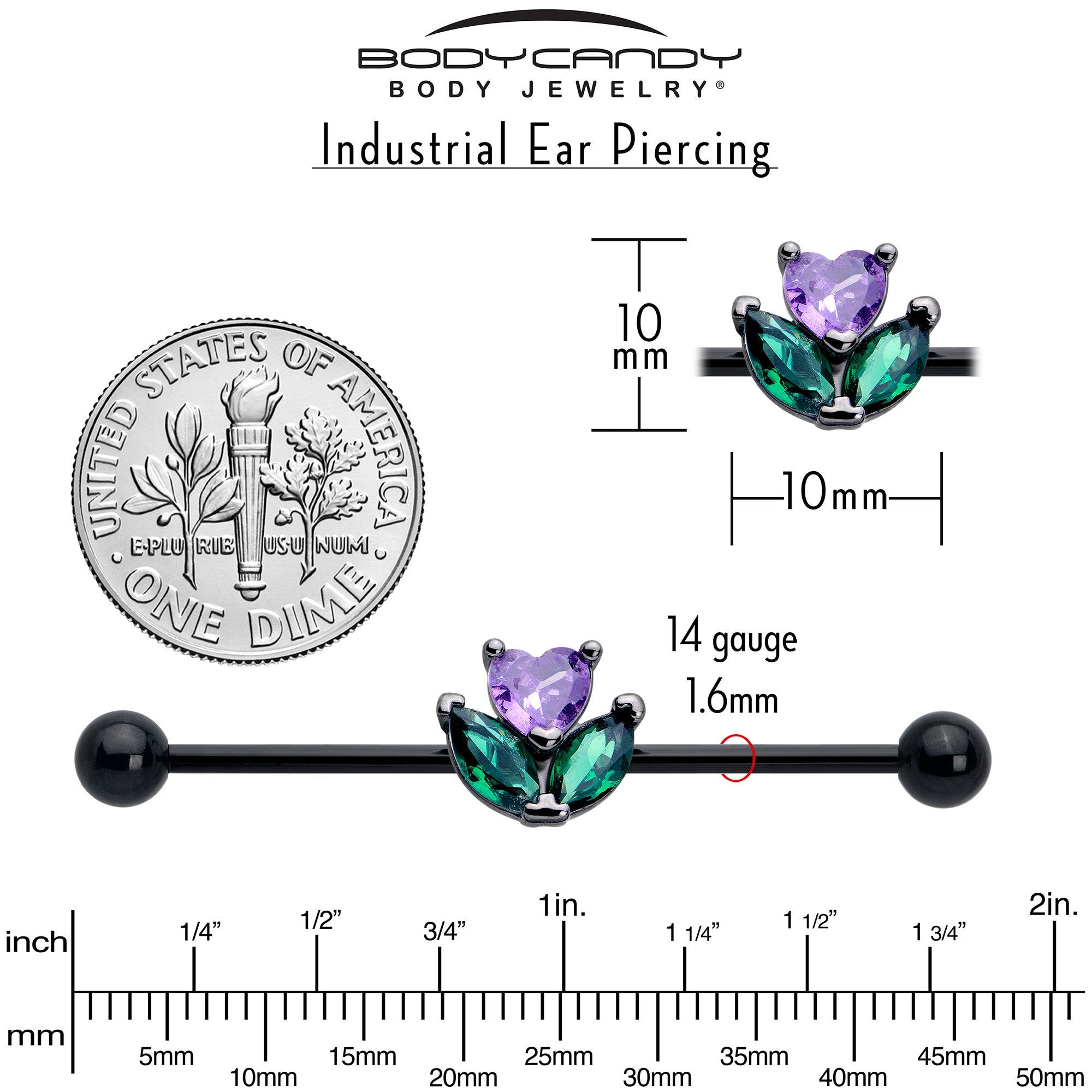 Purple and green cubic zirconia industrial barbell with floral motif