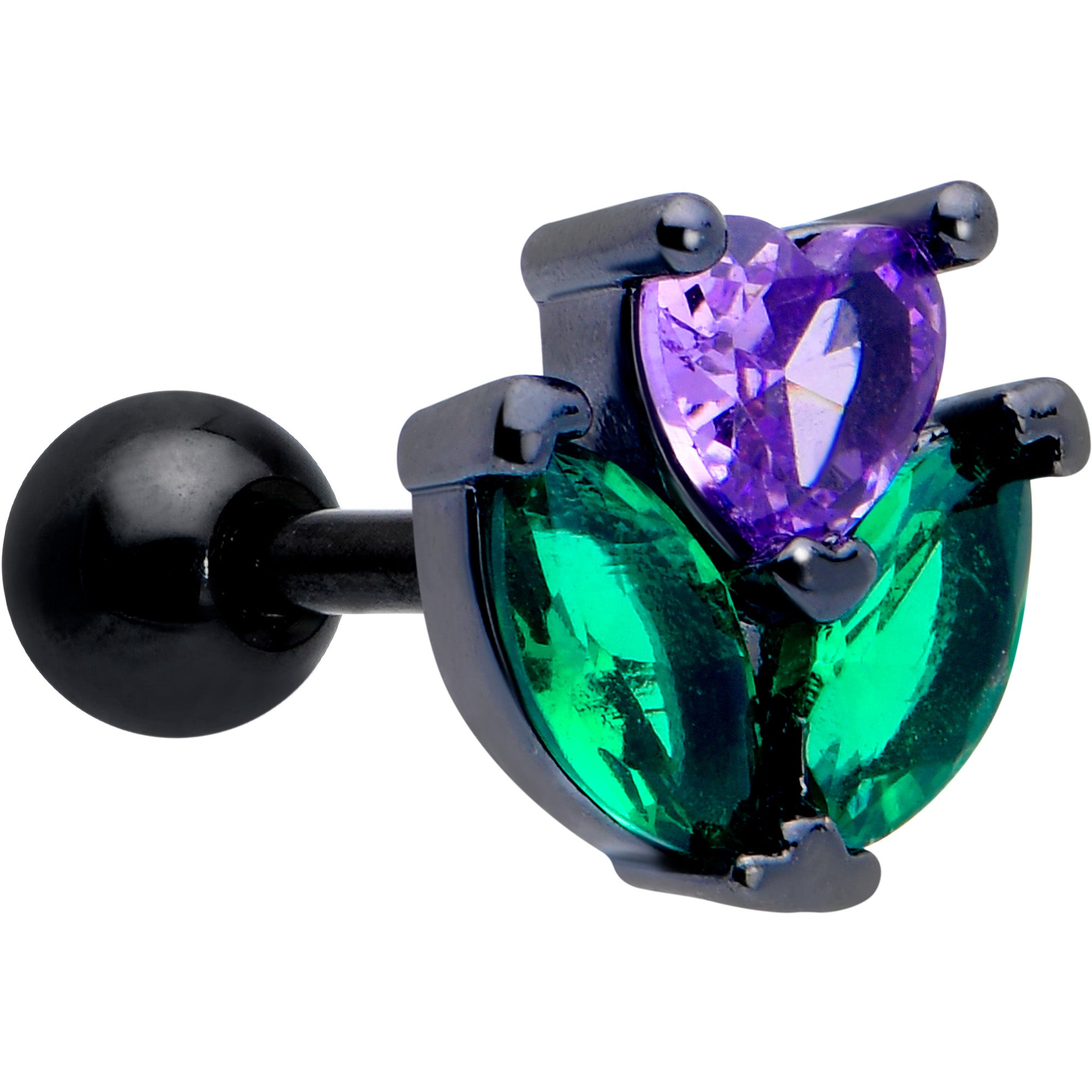 16 gauge cartilage earring with purple and green CZ gems