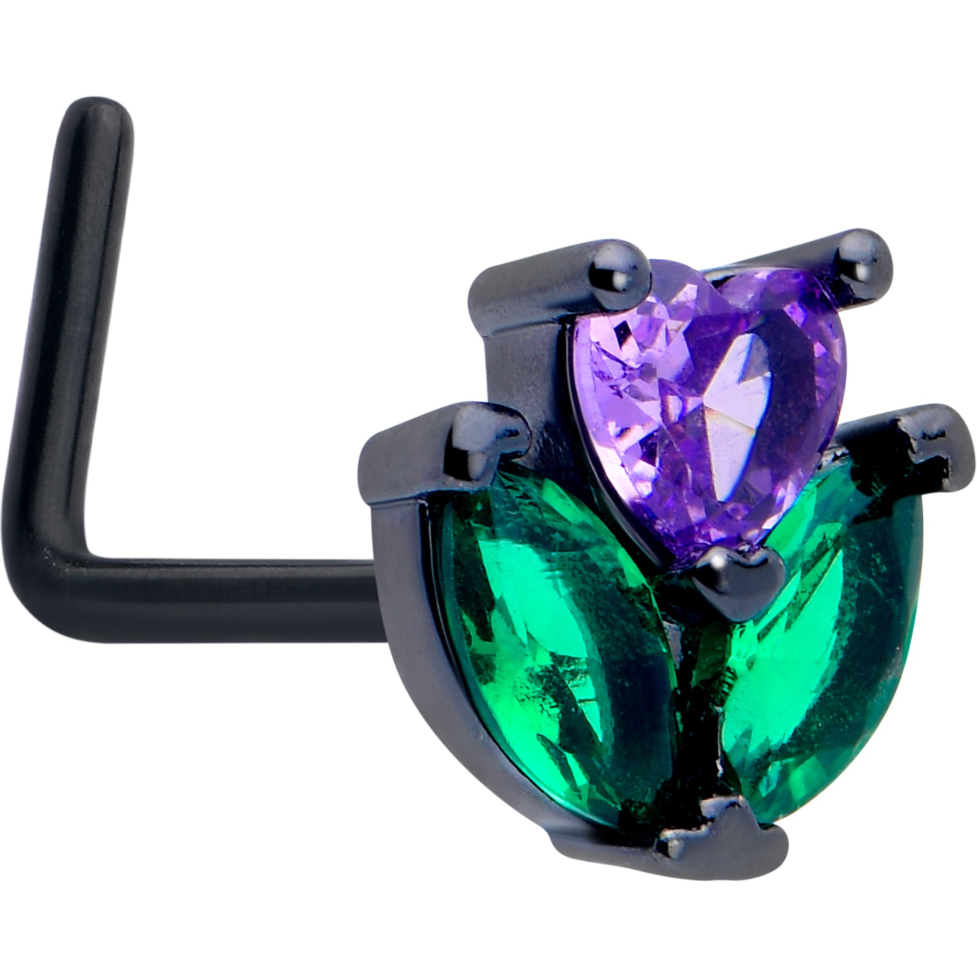 20 Gauge L-Shaped Nose Ring with Purple and Green CZ Gems