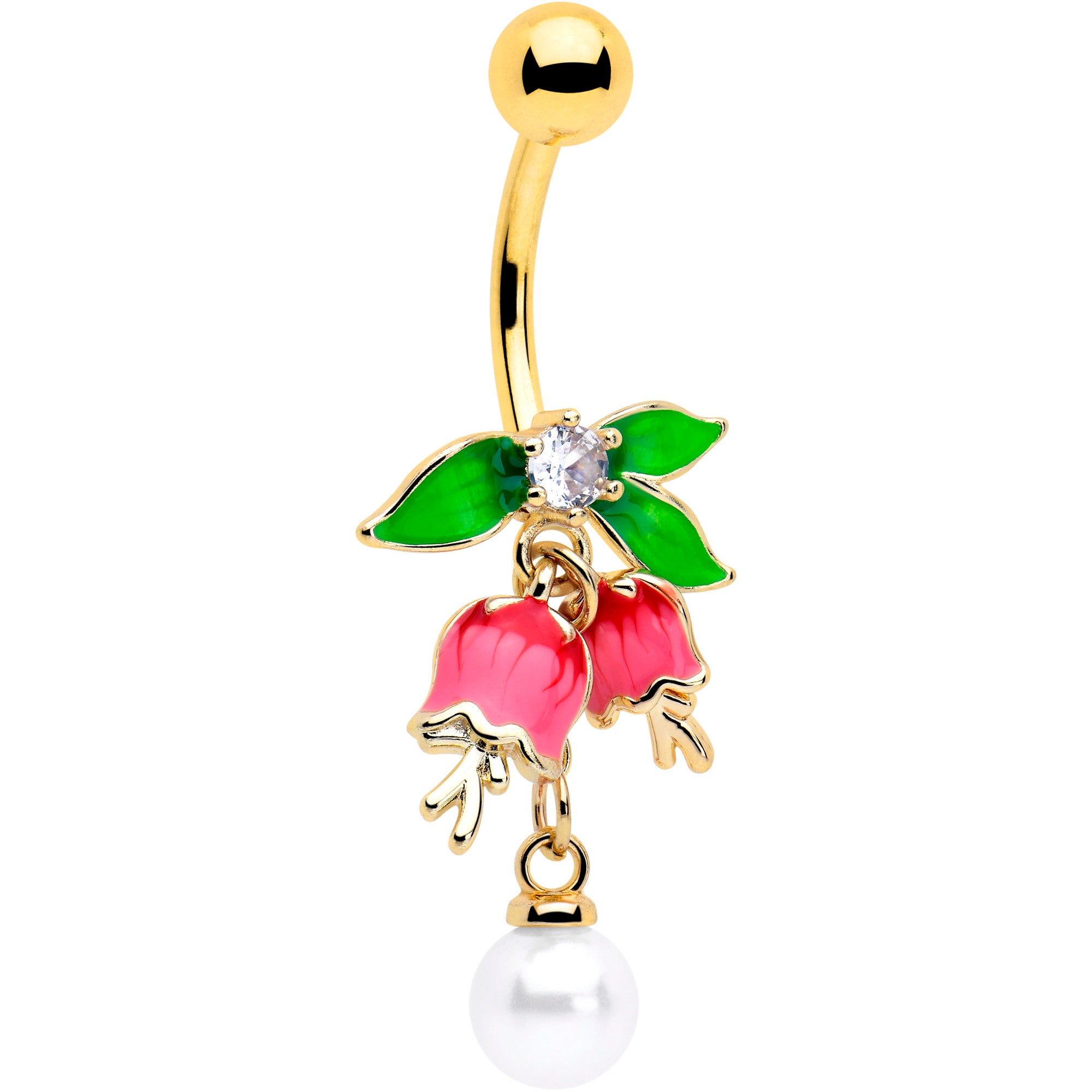 Gold tone bell flower dangle belly ring with clear CZ gem