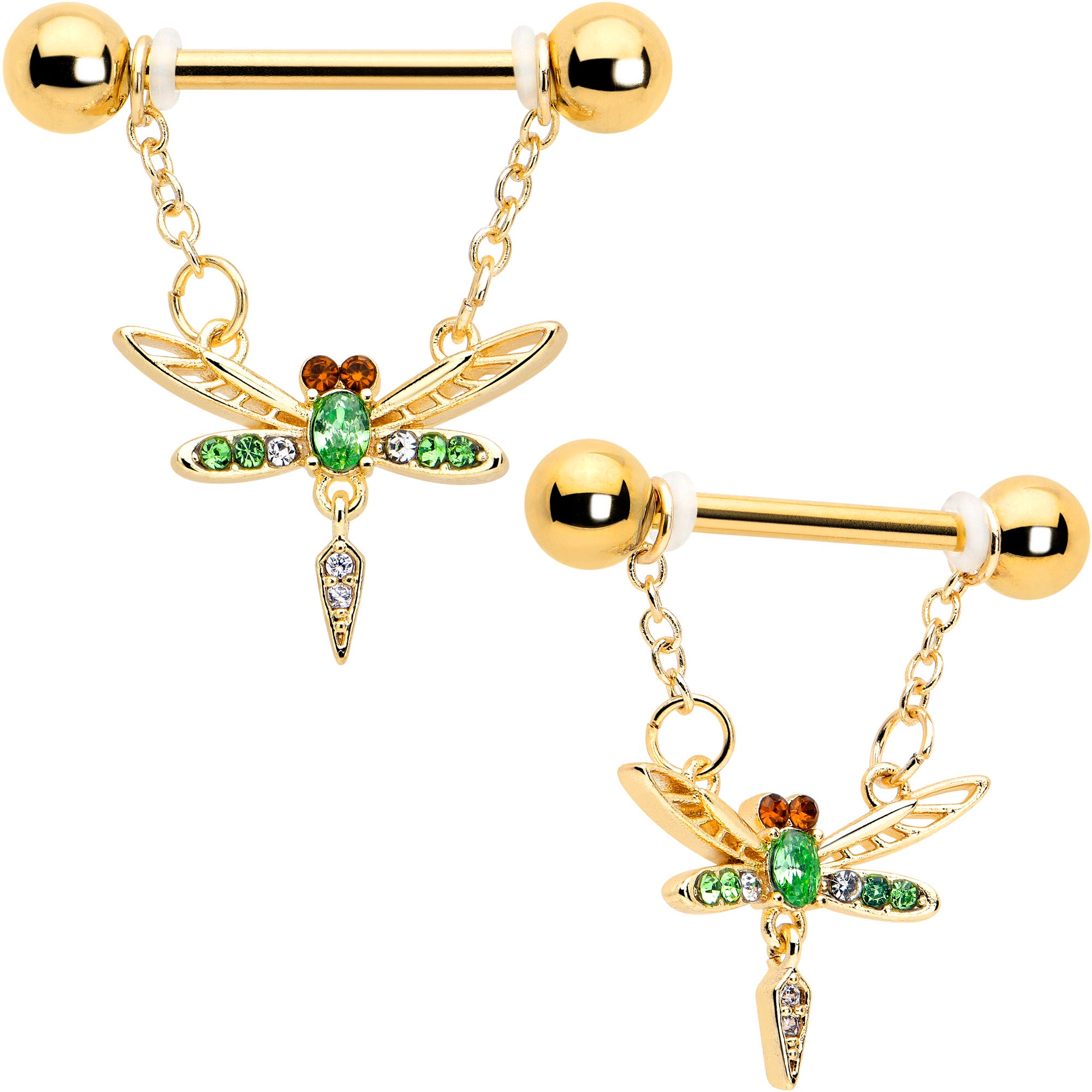 14 gauge green gem gold tone dragonfly dangle nipple ring set