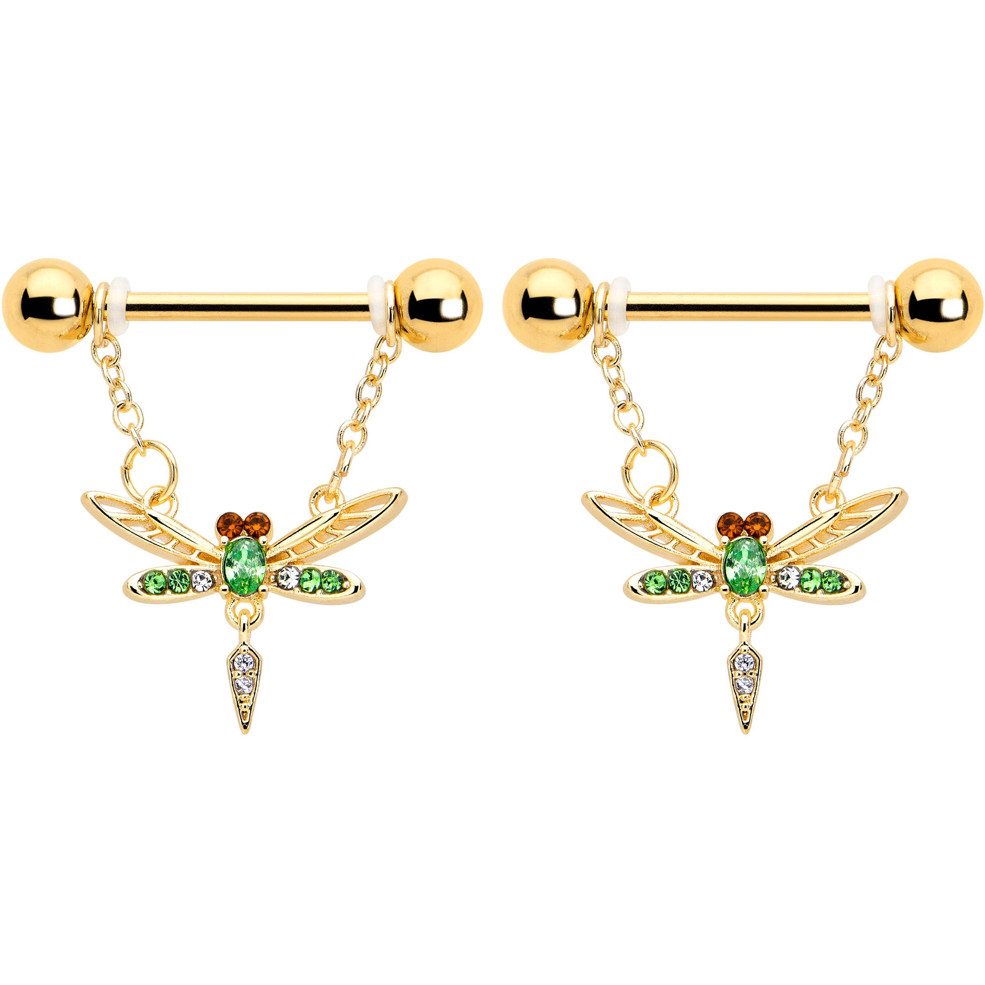 Gold tone nipple rings with green gem and dragonfly design