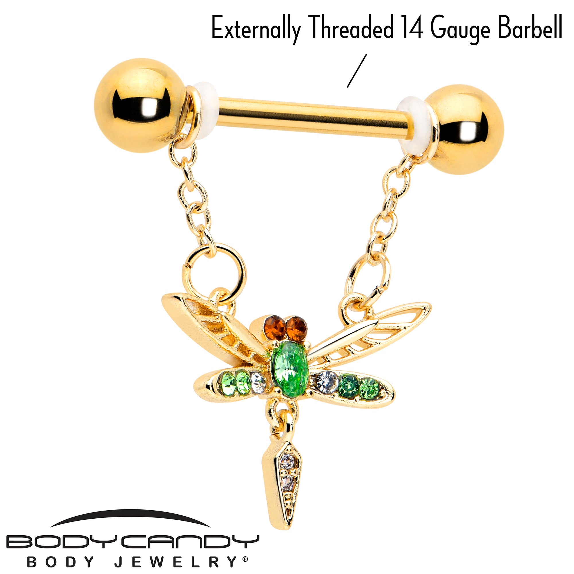 Dangle nipple rings in gold tone featuring dragonfly and green gem