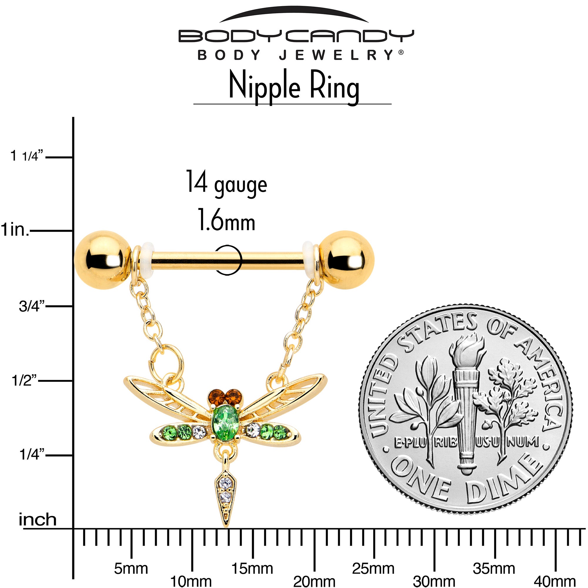 14 gauge nipple ring set with swank dragonfly and green stone