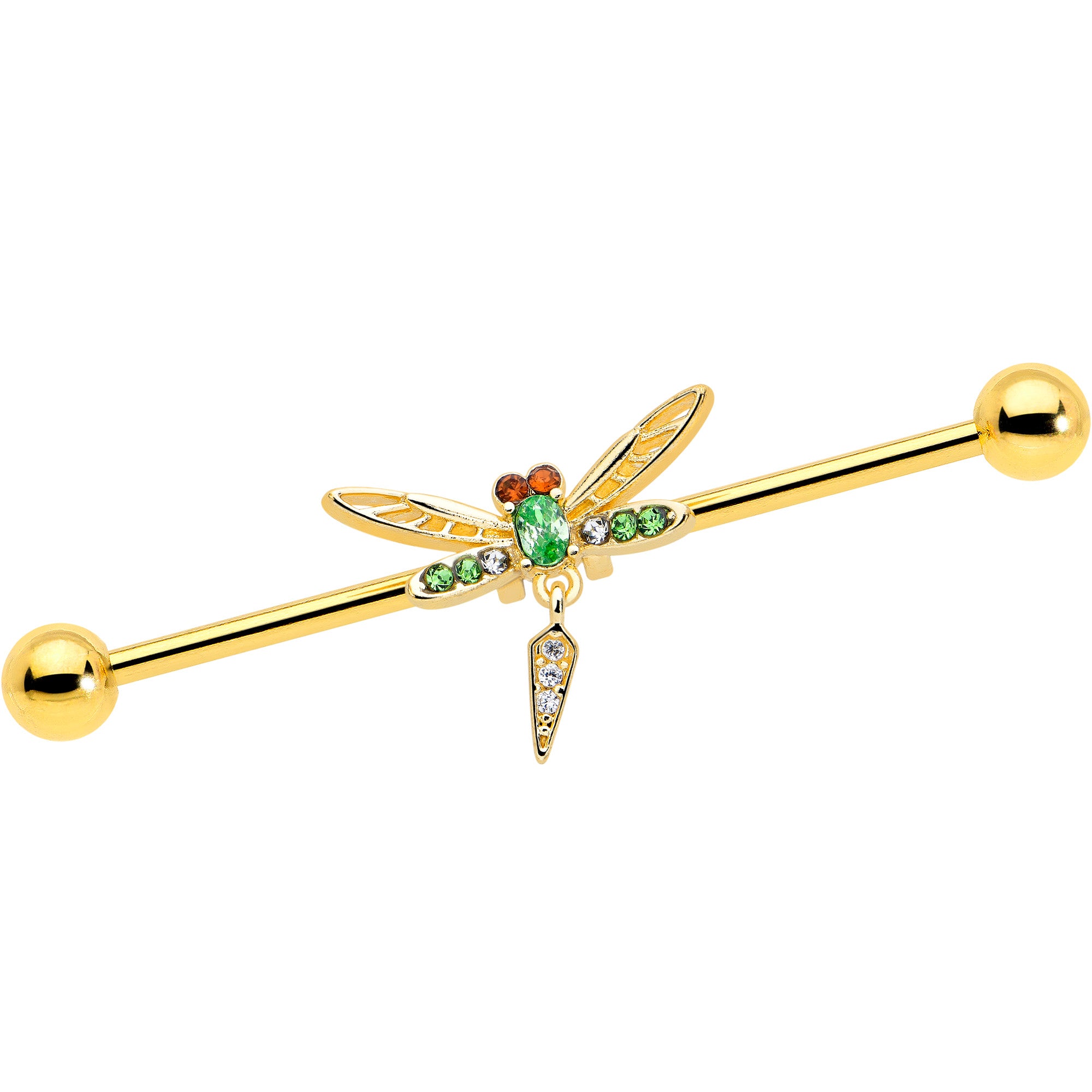 14 gauge industrial barbell with green gem dragonfly dangl