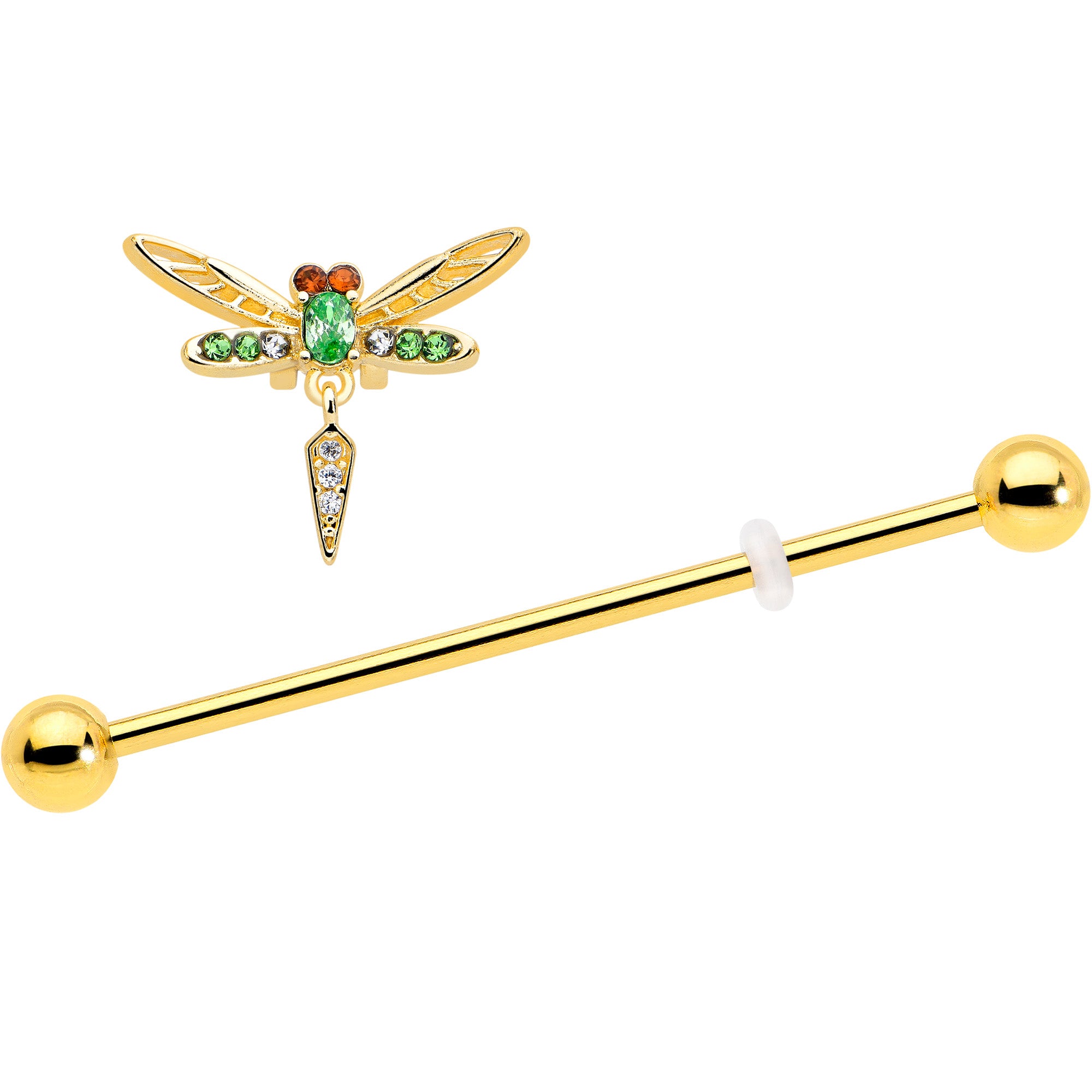 Gold tone dragonfly dangle earring barbell 38mm