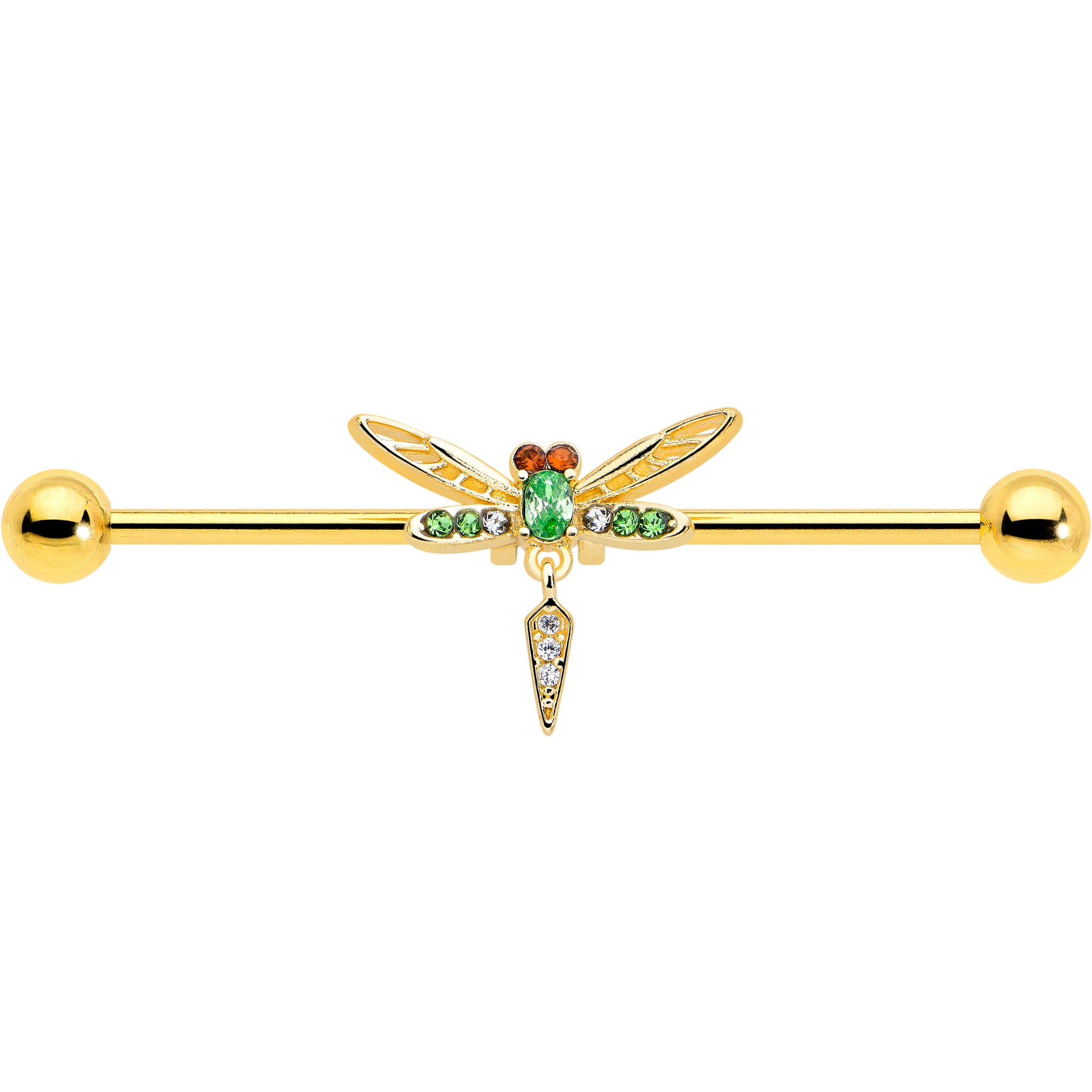 Swank dragonfly design industrial barbell with green gem