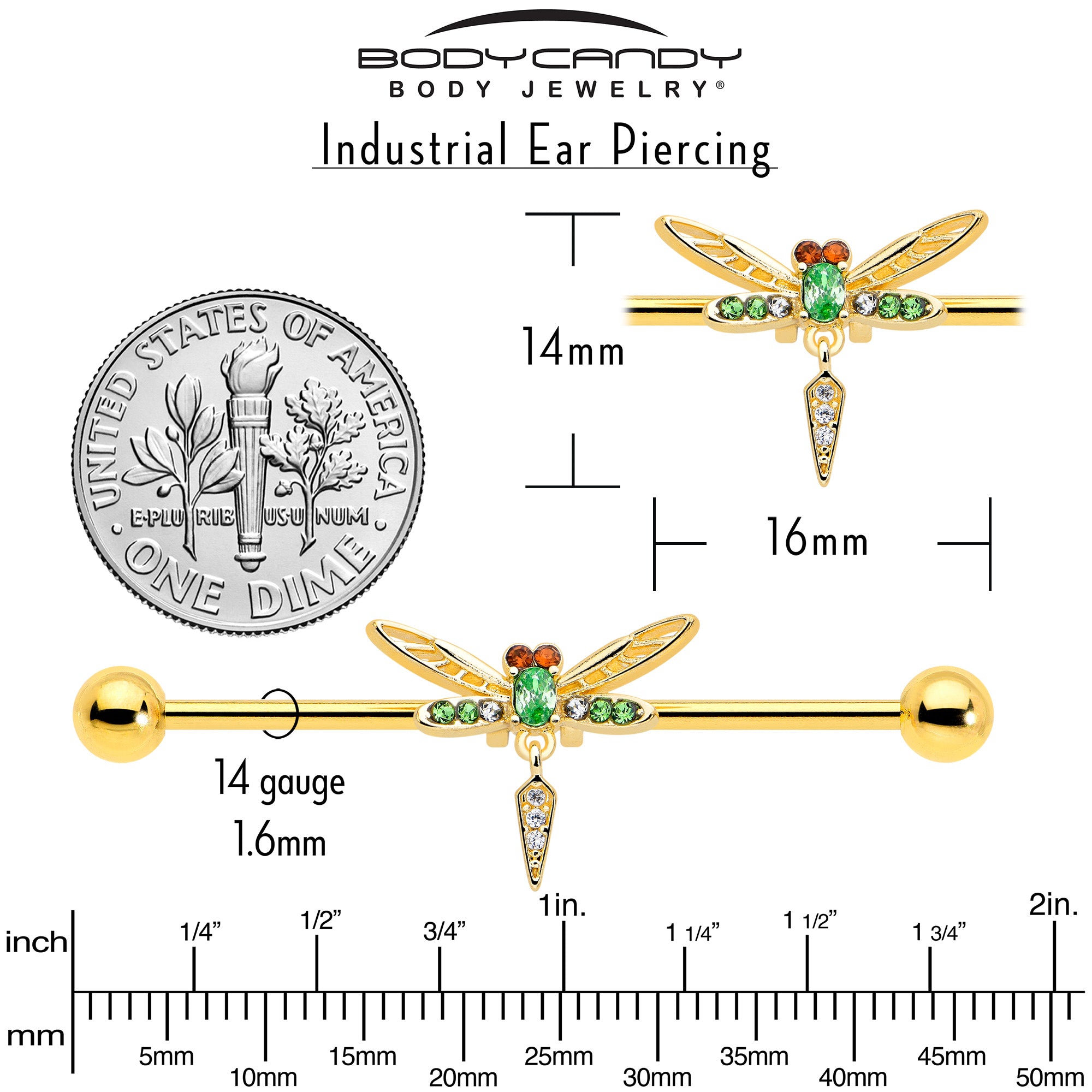 Stylish 14 gauge gold tone industrial barbell with dragonfly