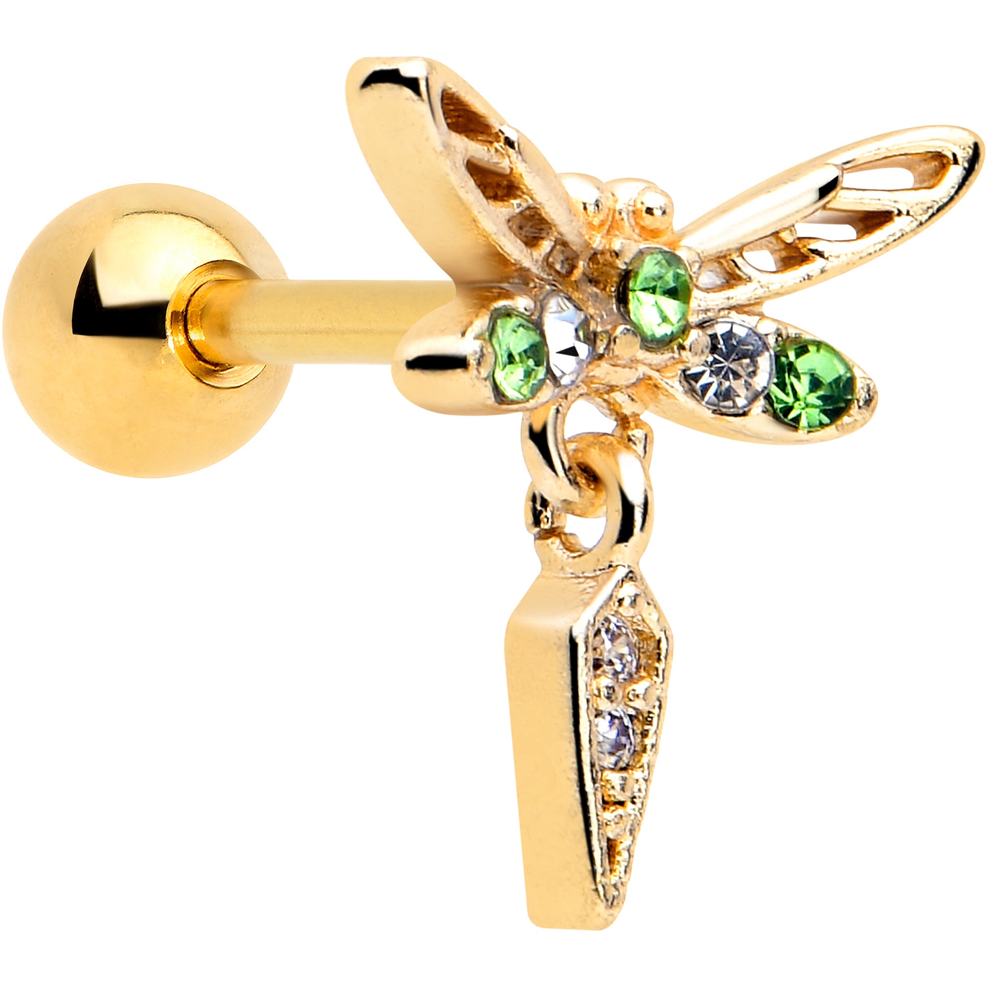 Gold tone dragonfly dangle cartilage earring with green gem