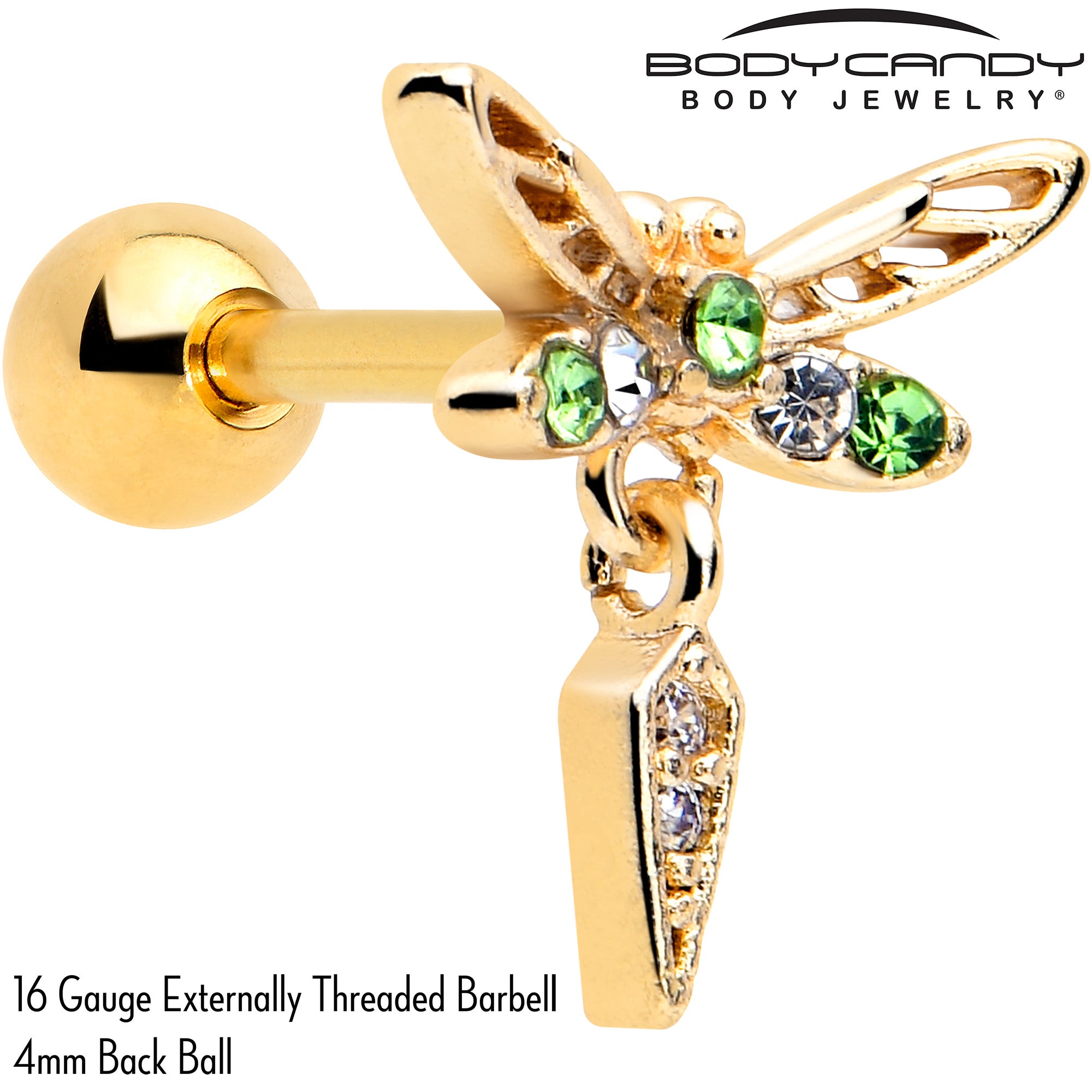 16 gauge cartilage earring featuring a green gem dragonfly design