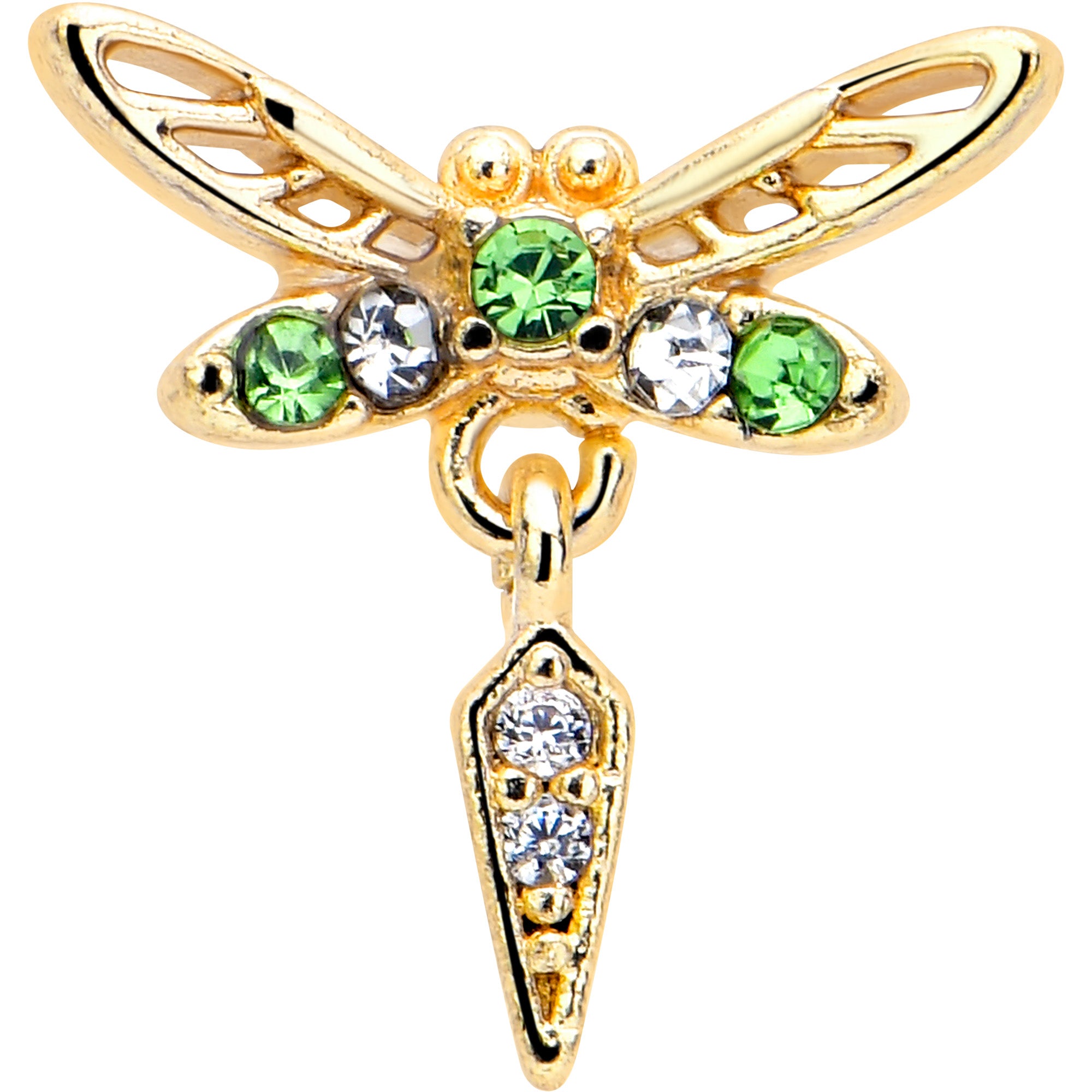 Swank dragonfly dangle earring in gold tone with green accent