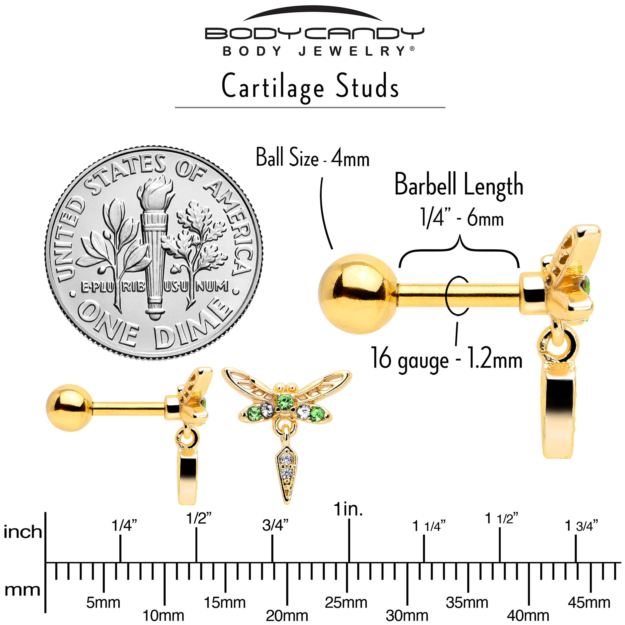 Stylish 16 gauge gold tone cartilage earring with dragonfly charm