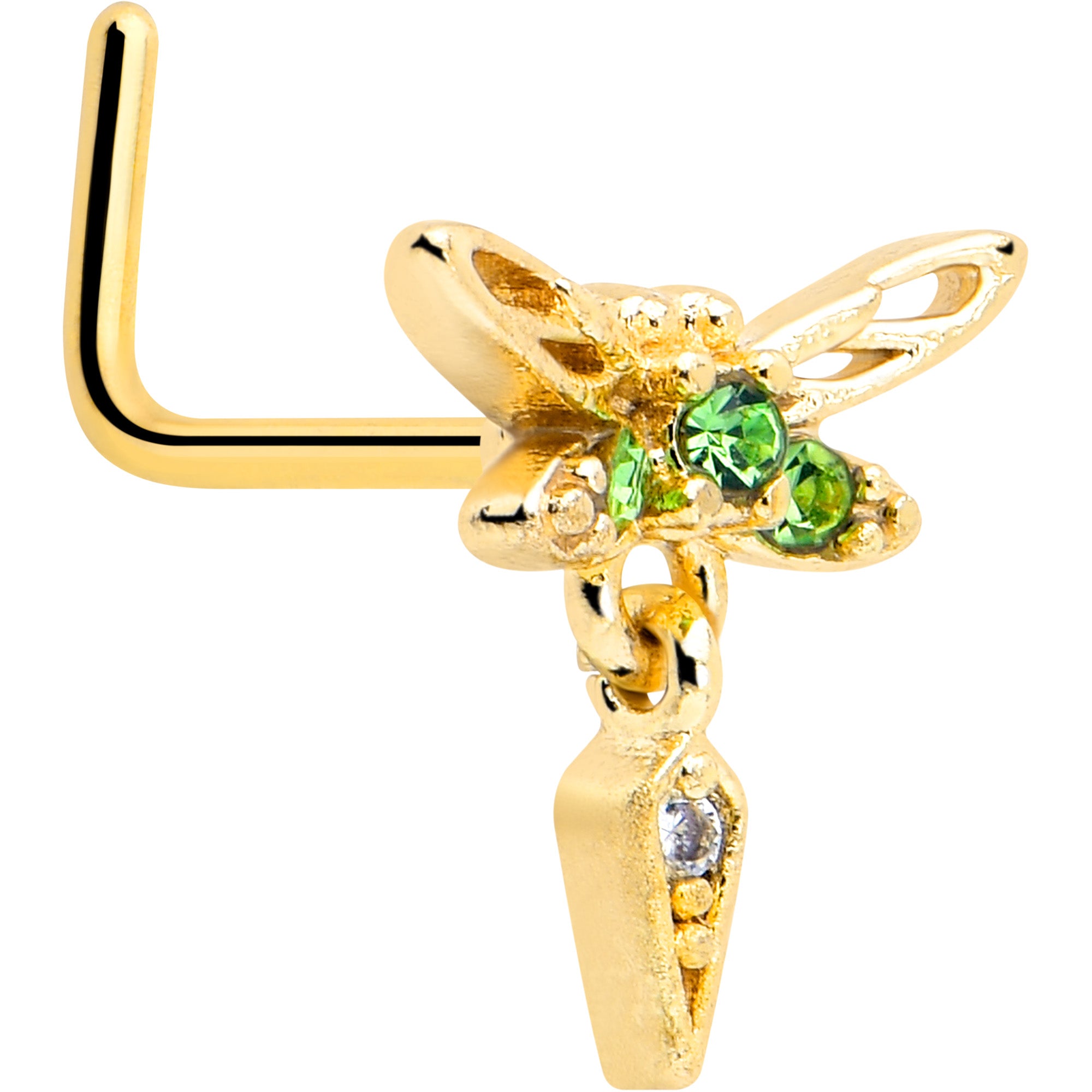 20 gauge L shape nose ring with green gem and gold tone dragonfly design