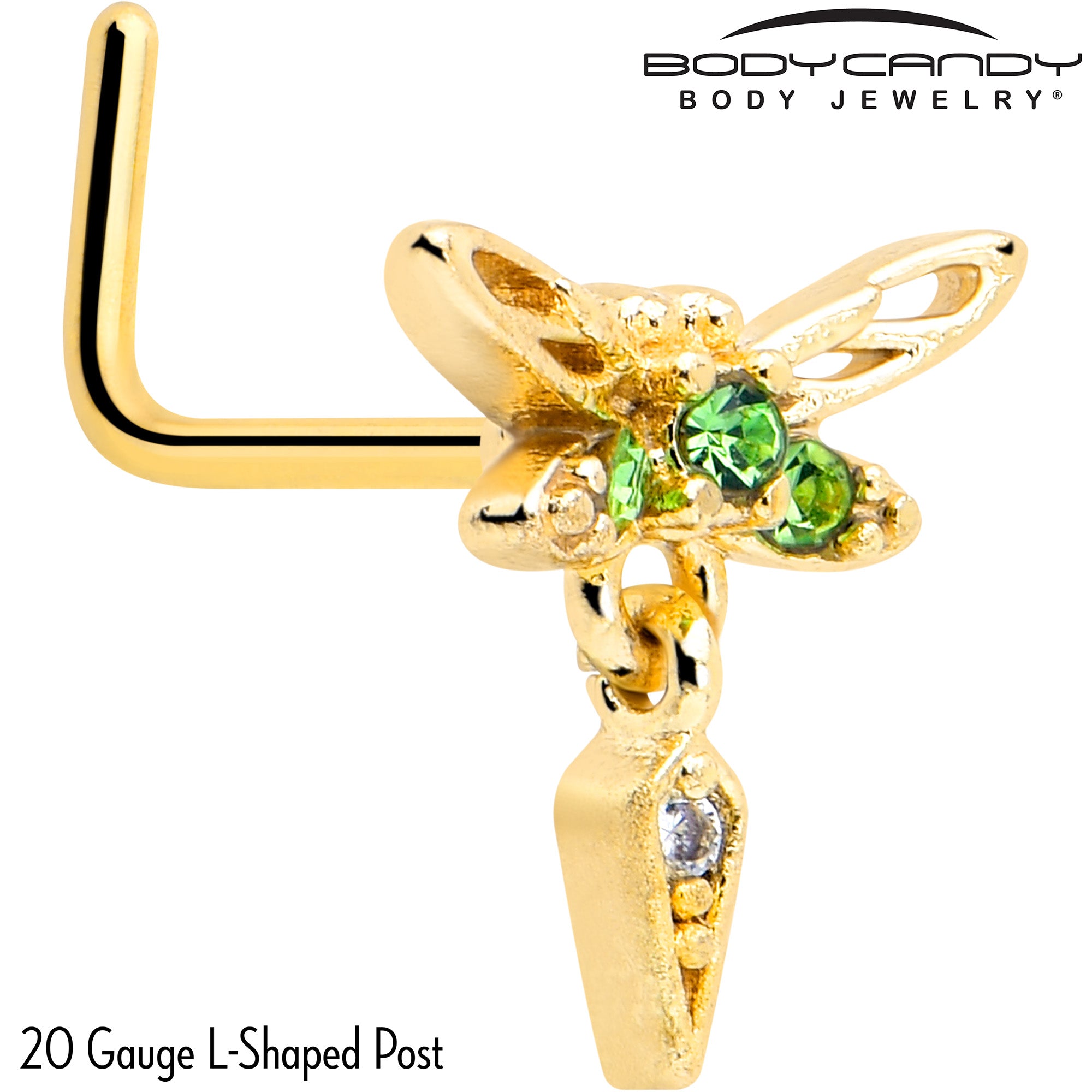 Gold tone dragonfly nose ring featuring a 7mm green gemstone