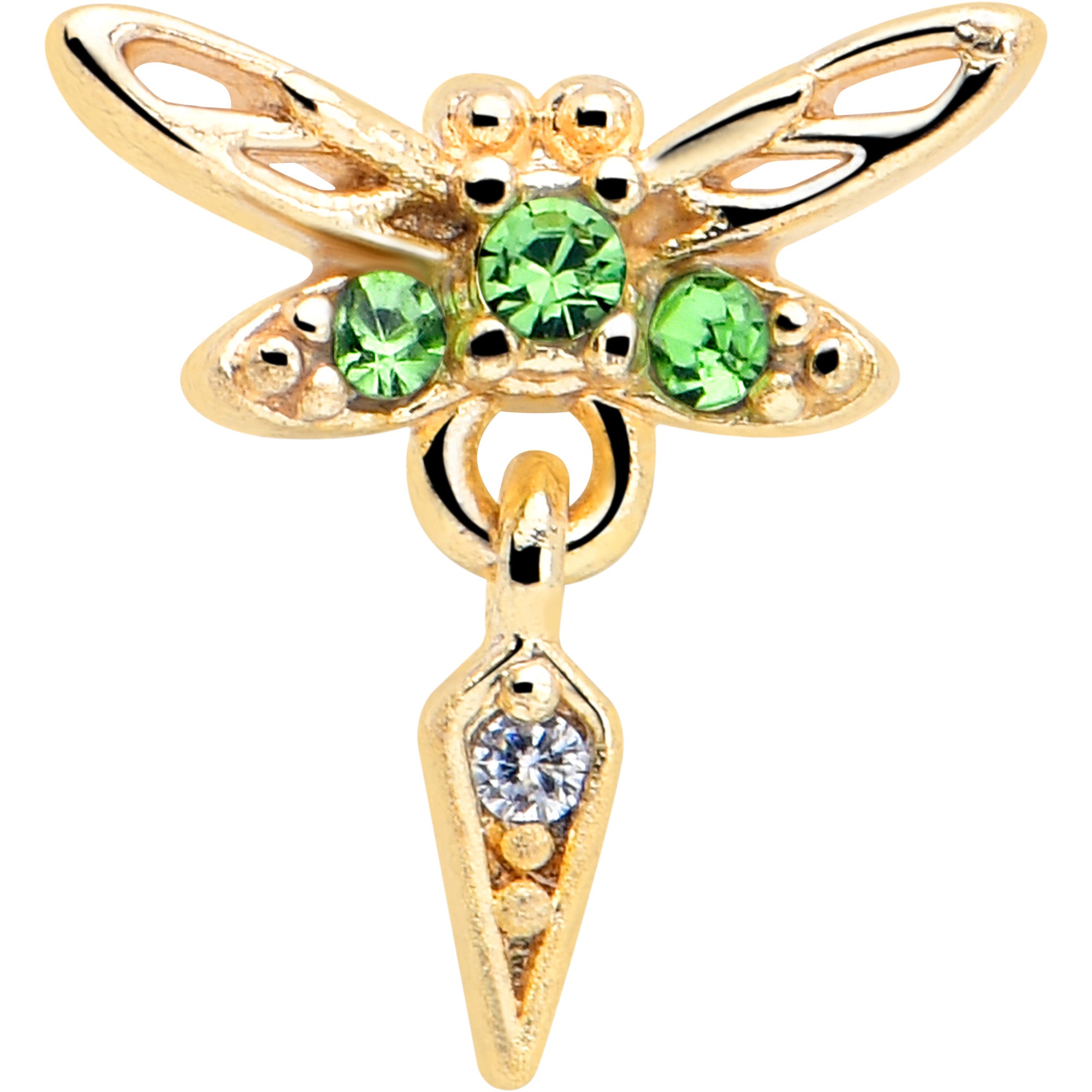 Swank dragonfly nose ring in gold tone with a 20 gauge size and green gem