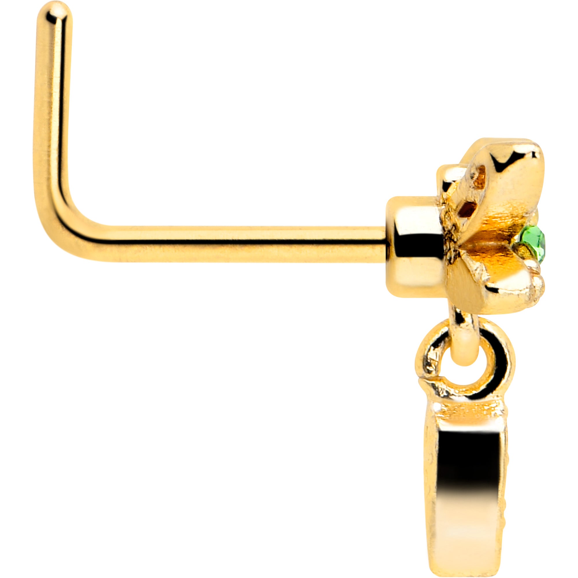 Stylish L shape nose ring with a gold dragonfly and 7mm green stone