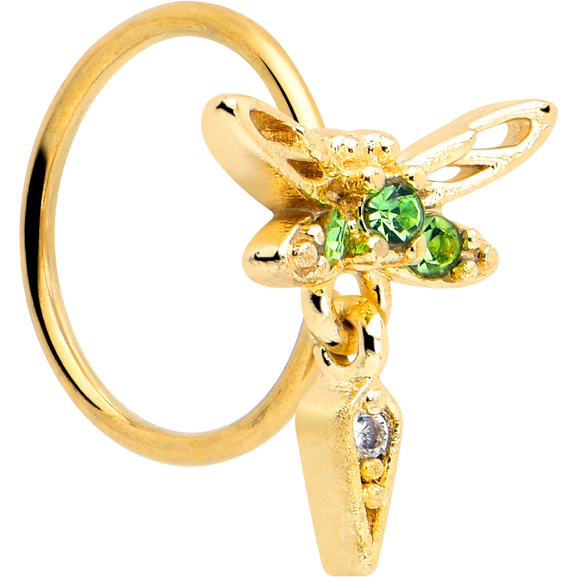 20 gauge dragonfly nose hoop with green gem and gold tone finish