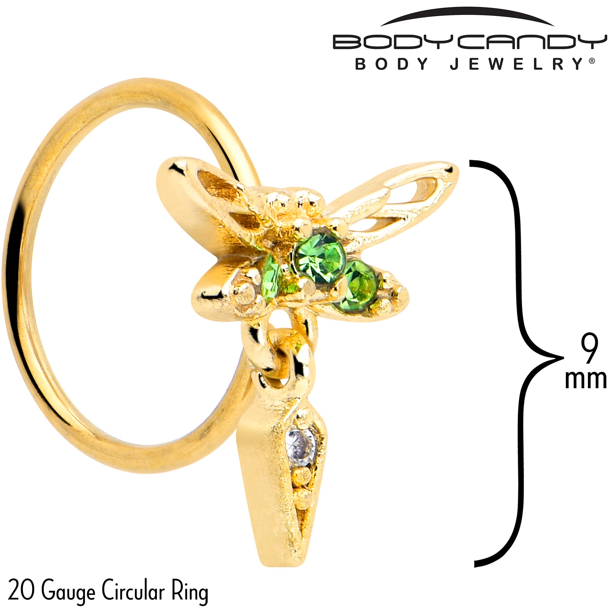 Swank green gem dragonfly nose hoop in 20 gauge gold tone