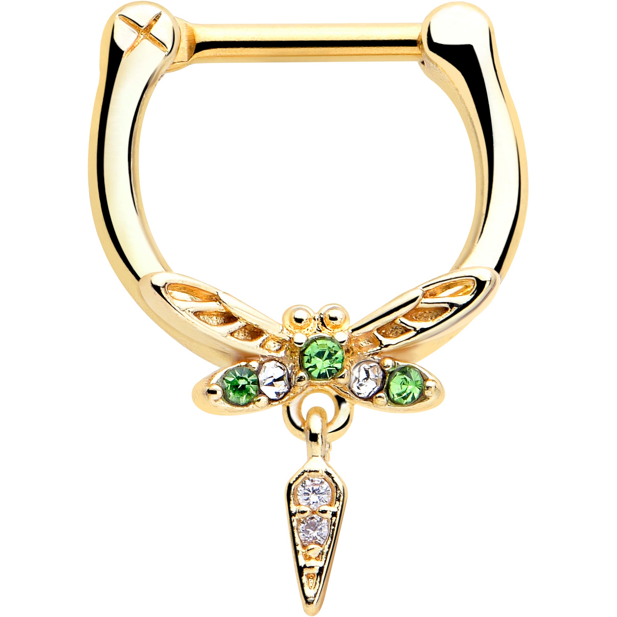 16 Gauge Gold Tone Dragonfly Dangle Clicker with Green Gem