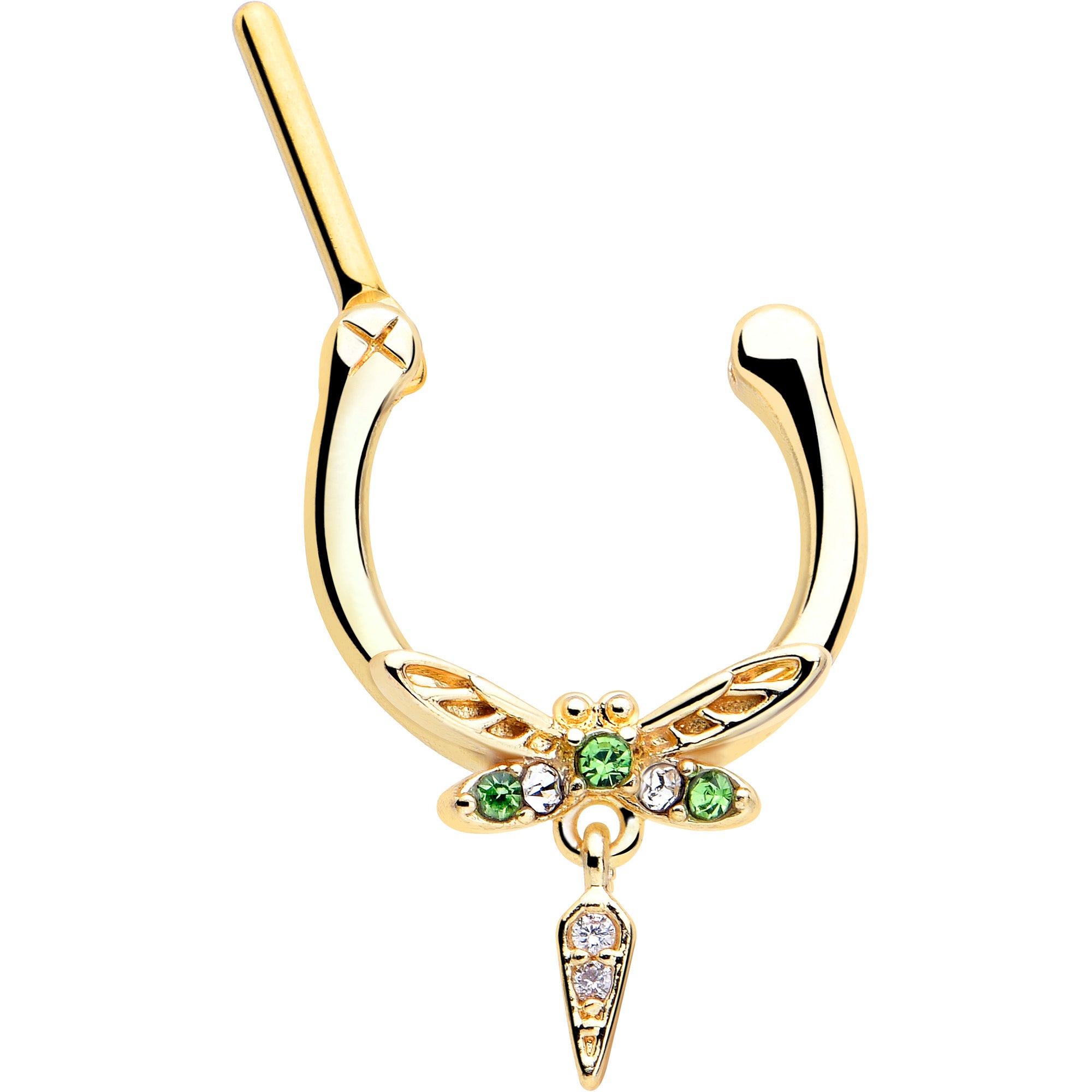 Green Gem Dragonfly Cartilage Clicker Earring in Gold Tone