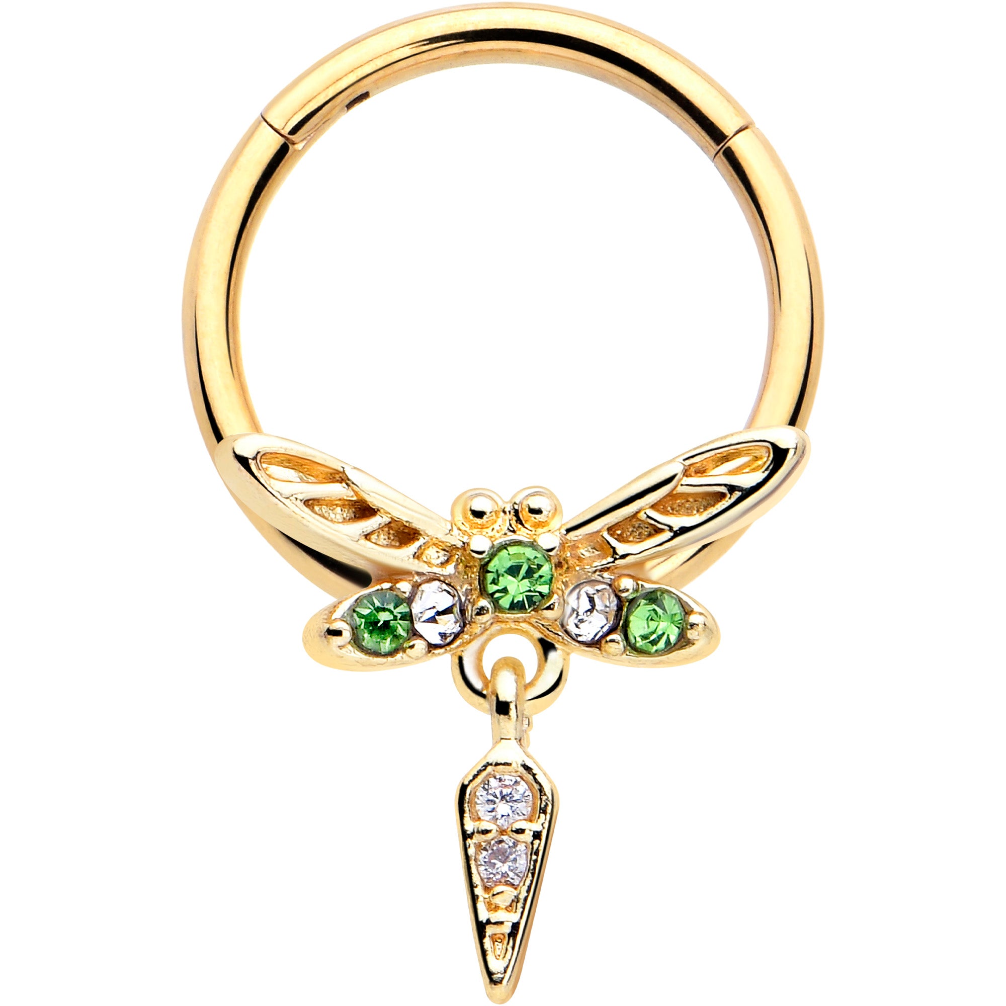 Gold tone dragonfly dangle segment ring with green gem