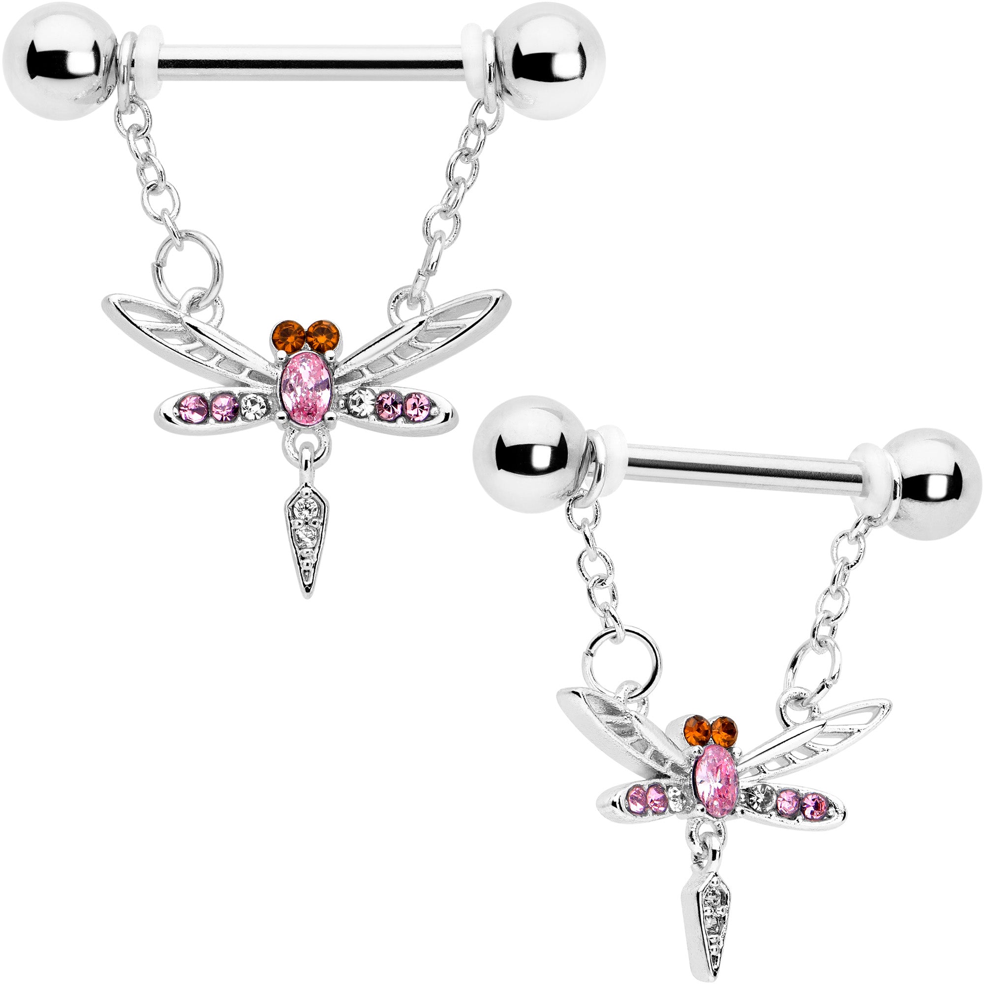 14 gauge nipple rings with pink gem dragonfly design