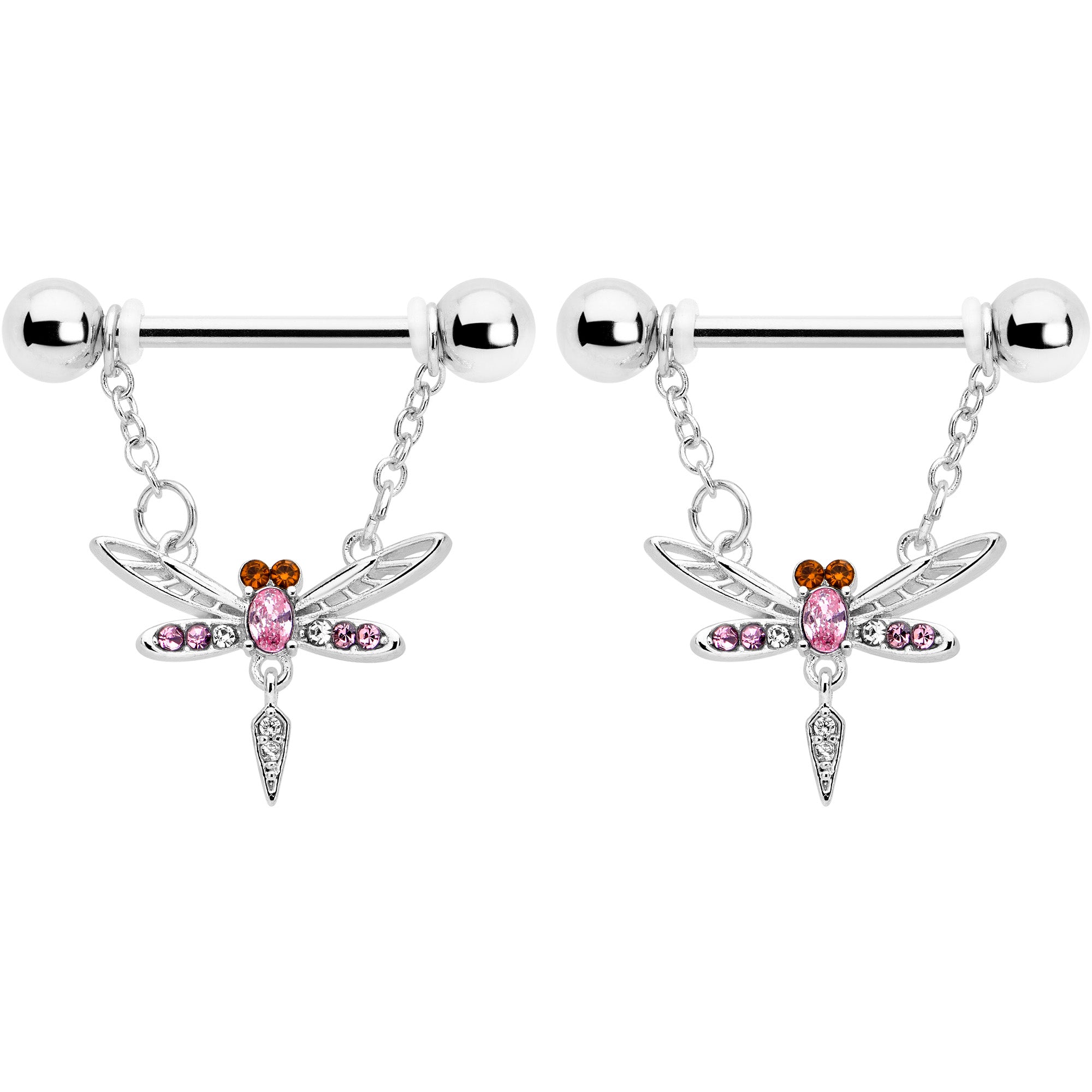 Dangle nipple rings featuring pink gem dragonflies