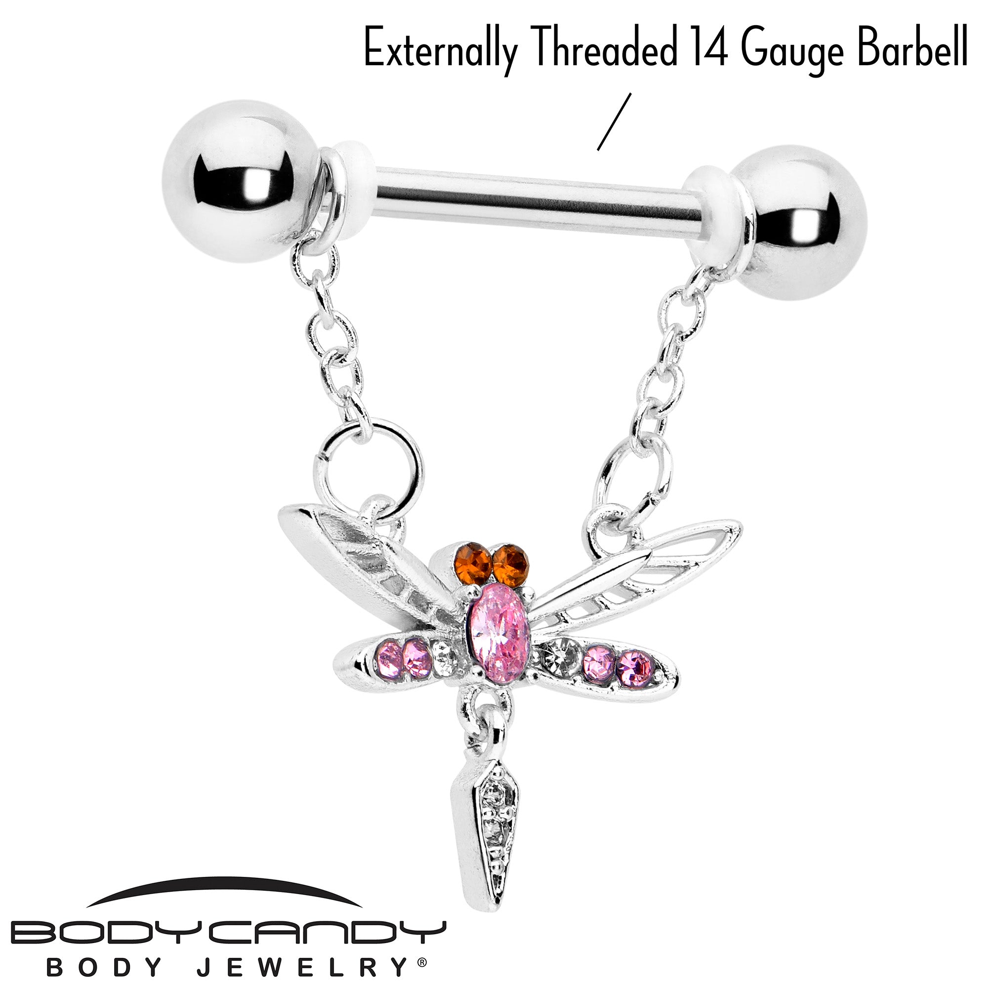 Swank dragonfly nipple rings in 14 gauge with pink gemstones