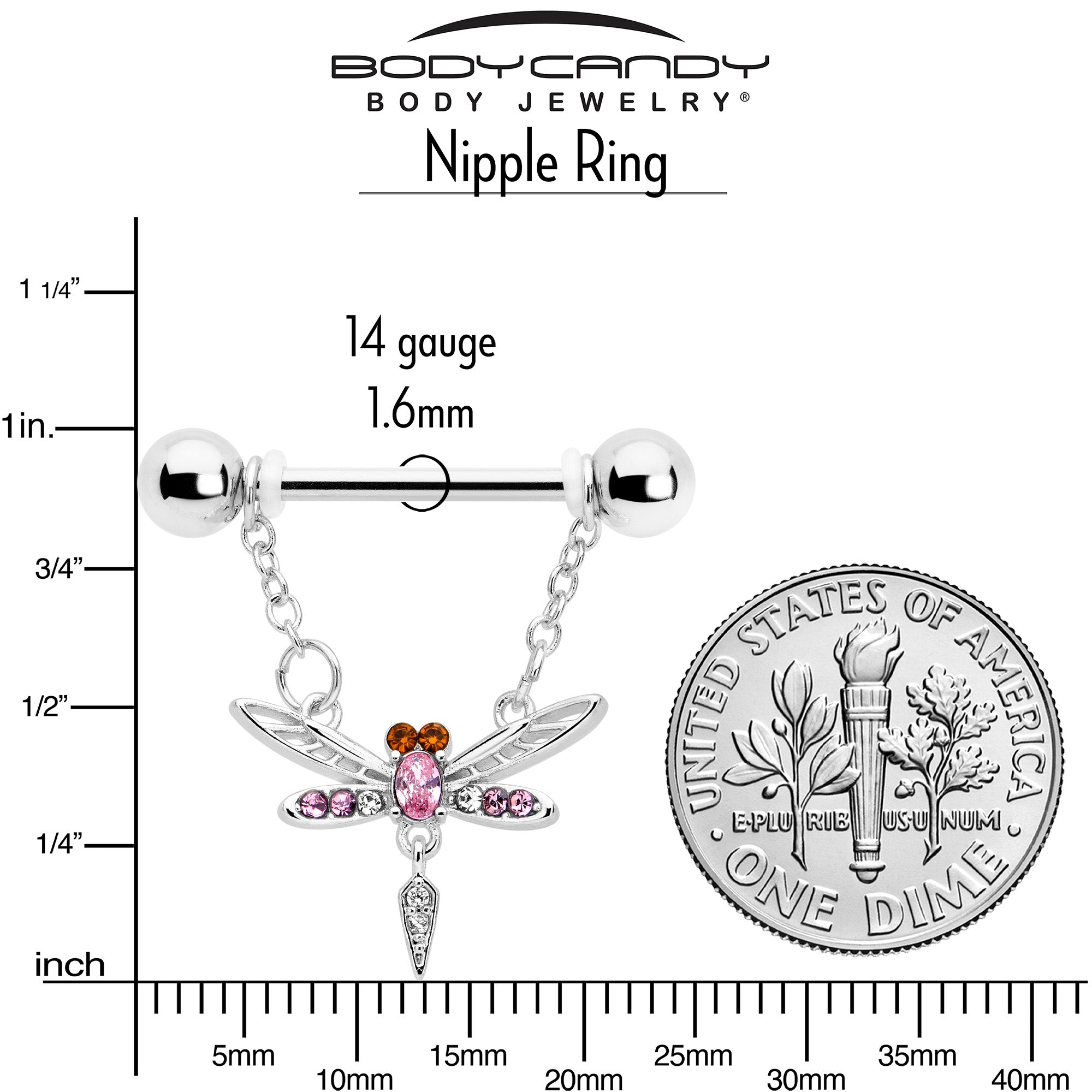 Pink gem dragonfly dangle nipple ring set - 9/16 inch