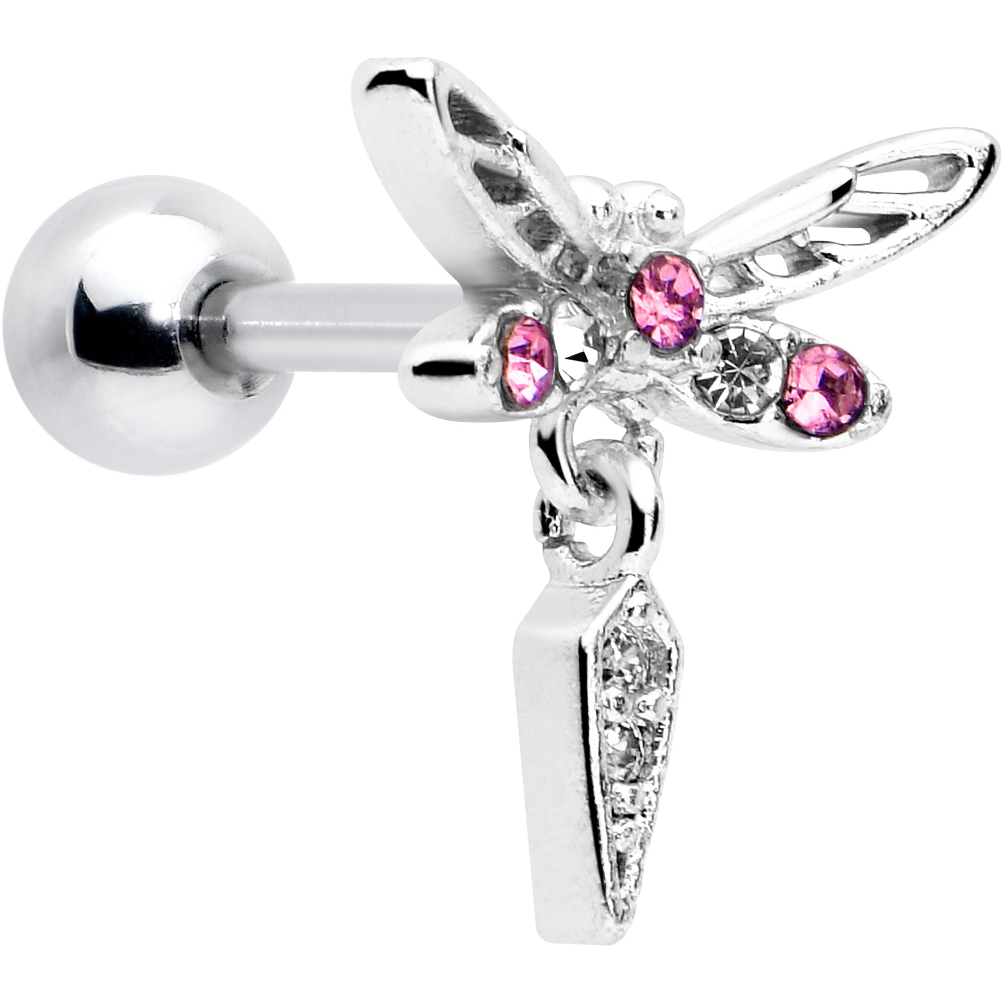 Pink Gem Dragonfly Dangle Earring for Cartilage Piercing