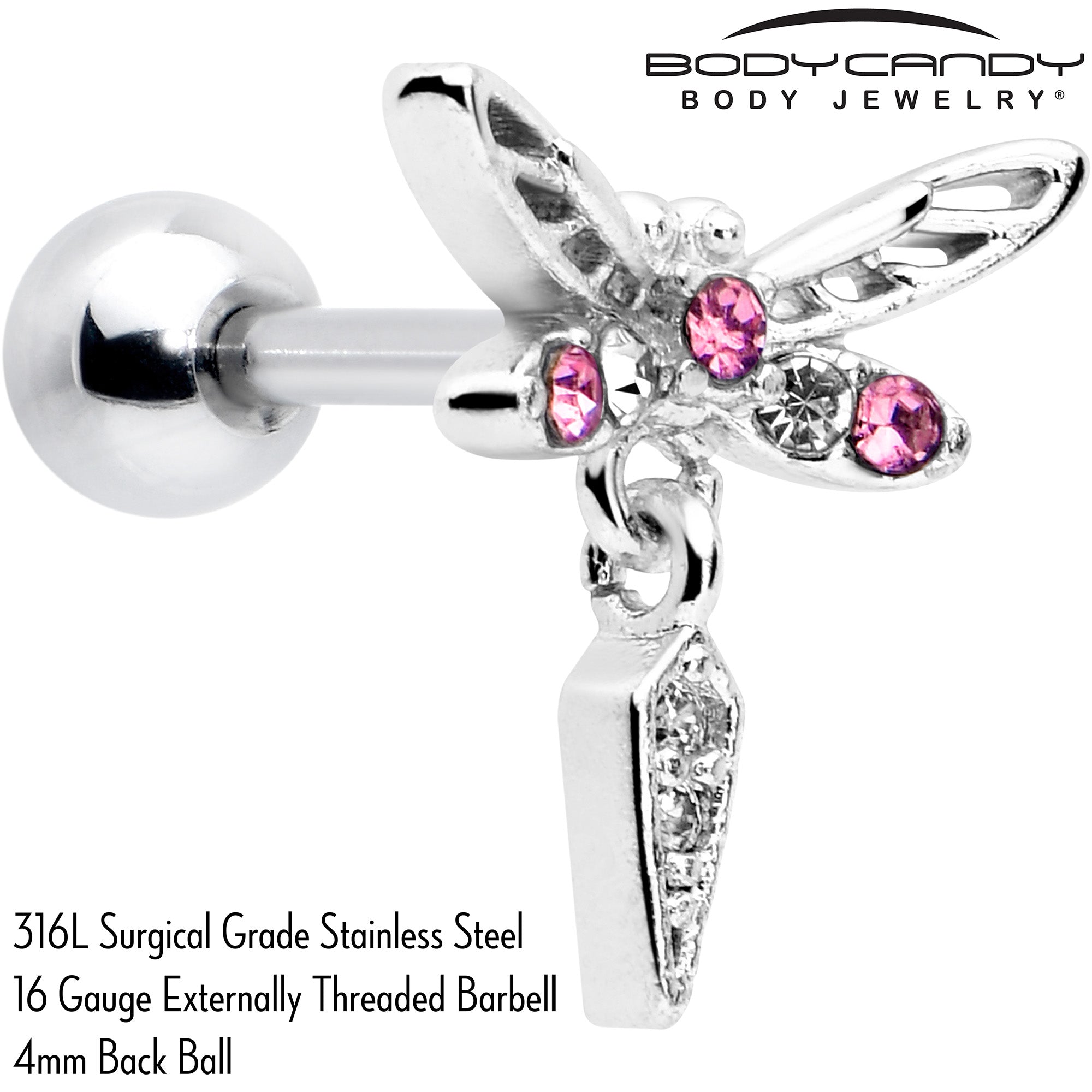 16 Gauge Cartilage Earring with Pink Gem Dragonfly Design