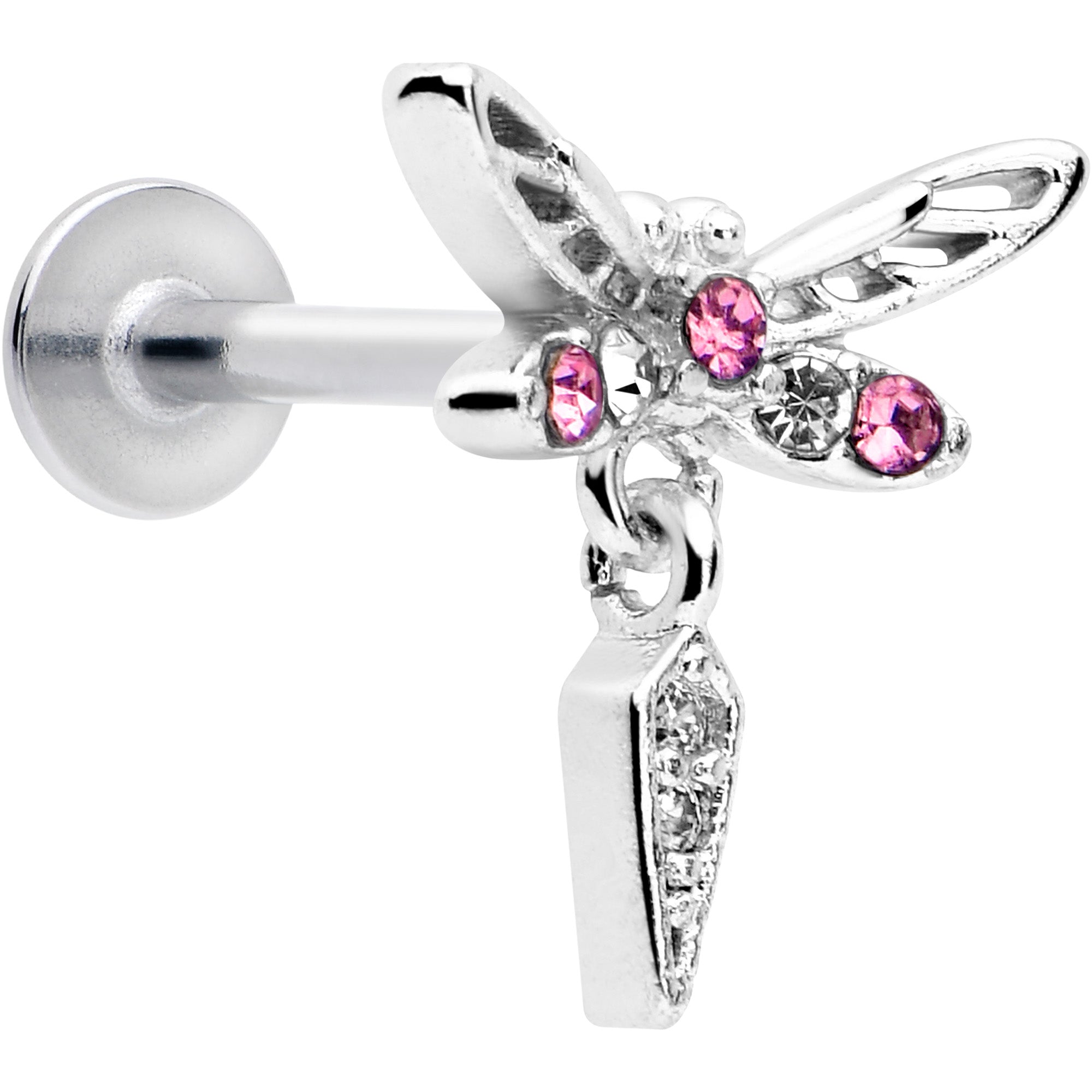 16 Gauge 5/16 inch pink gem dragonfly dangle labret piercing